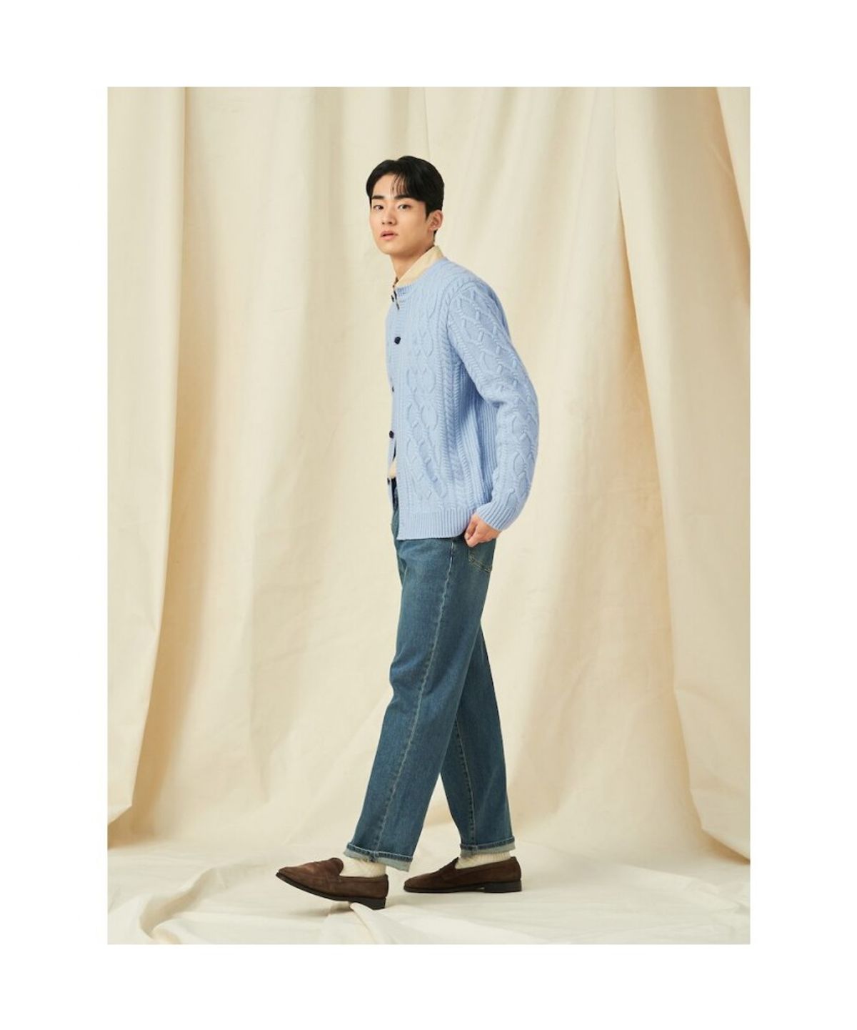 빈폴 멘(BEANPOLE MEN) 아란케이블 라운드 카디건  스카이 블루