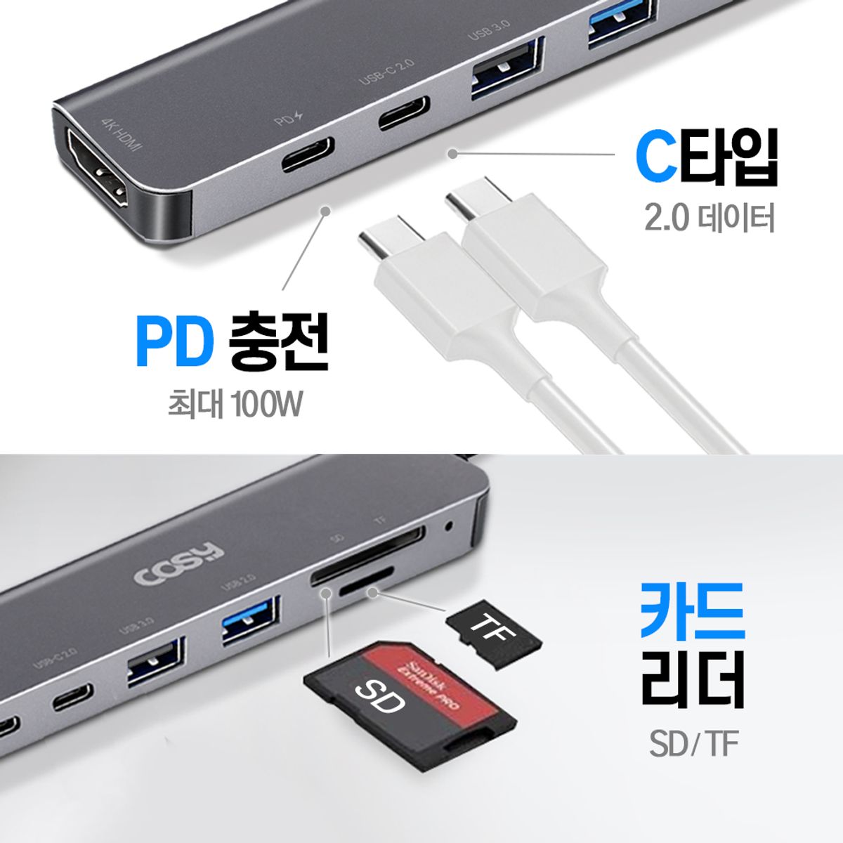 코시(COSY) 디키 C타입 7in1 멀티허브(HDMI, SD, TF, USB 3.0/2.0, PD) MH5103UHC