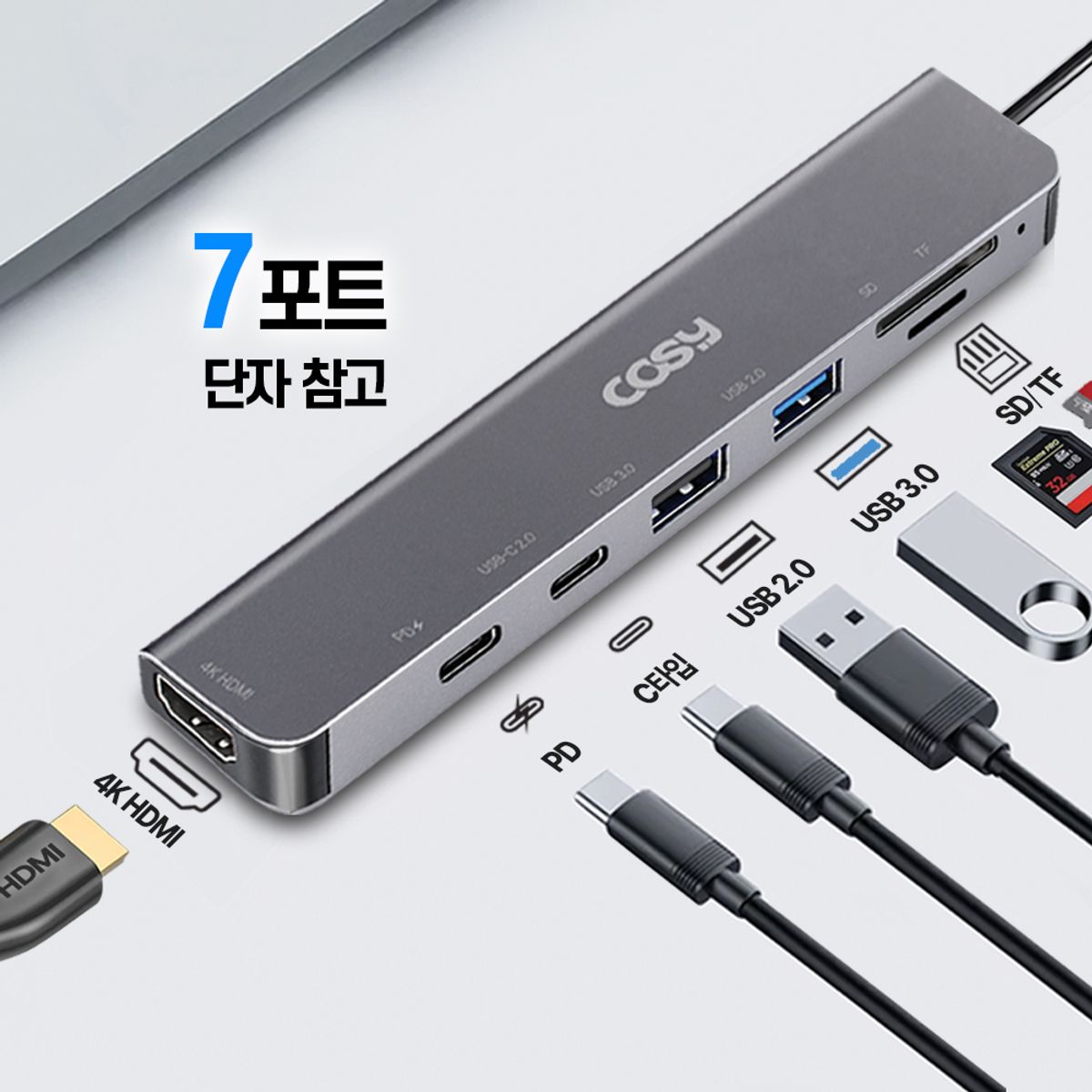 코시(COSY) 디키 C타입 7in1 멀티허브(HDMI, SD, TF, USB 3.0/2.0, PD) MH5103UHC