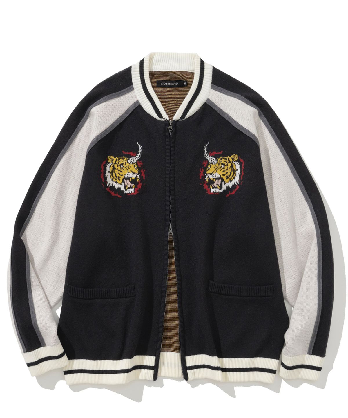 낫포너드(NOT4NERD) Horned Tiger Souvenir Knit Zip Up - Black
