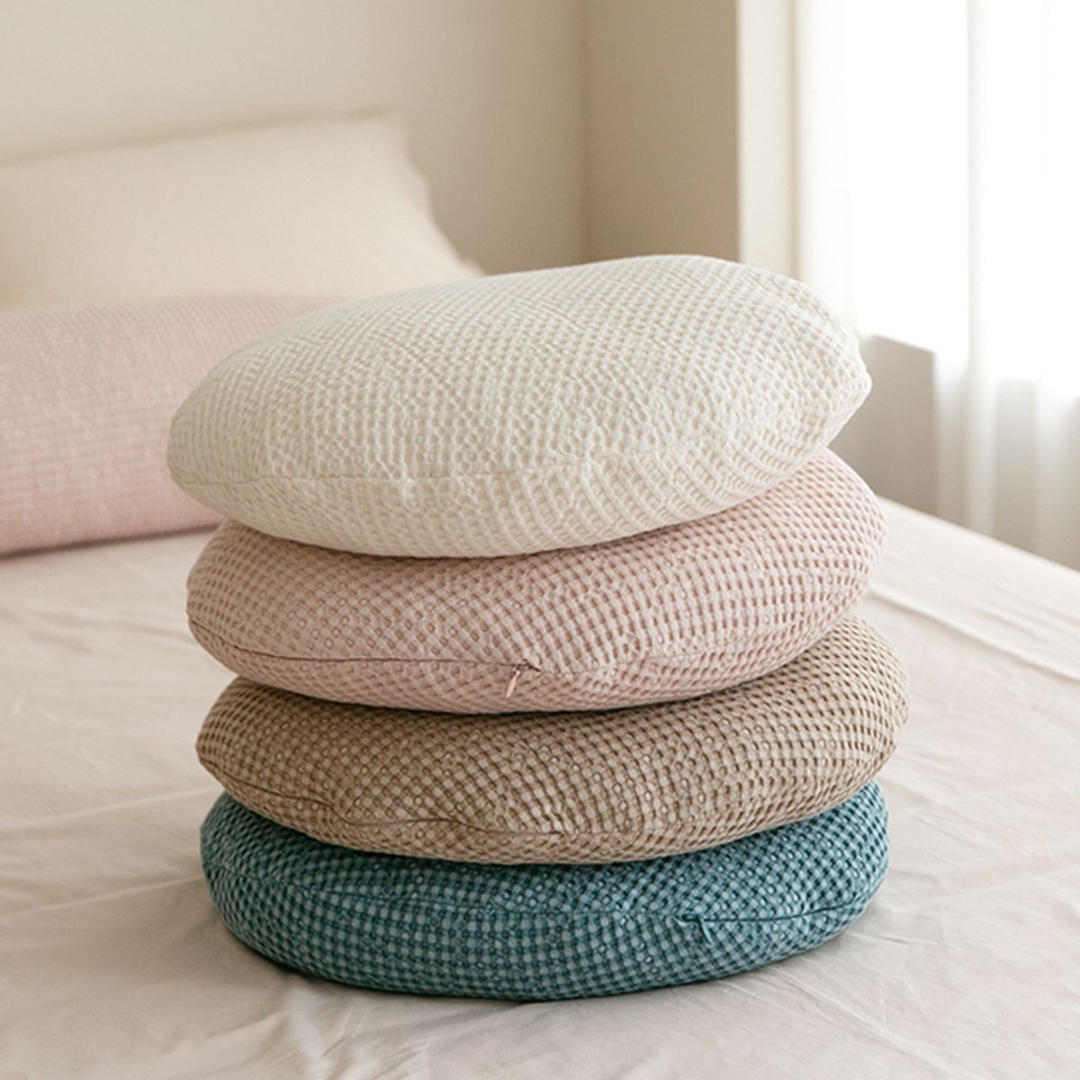 쿠션이야기(CUSHIONSTORY) 오드 카치온 모달 와플 원형 쿠션 커버 라이트 핑크