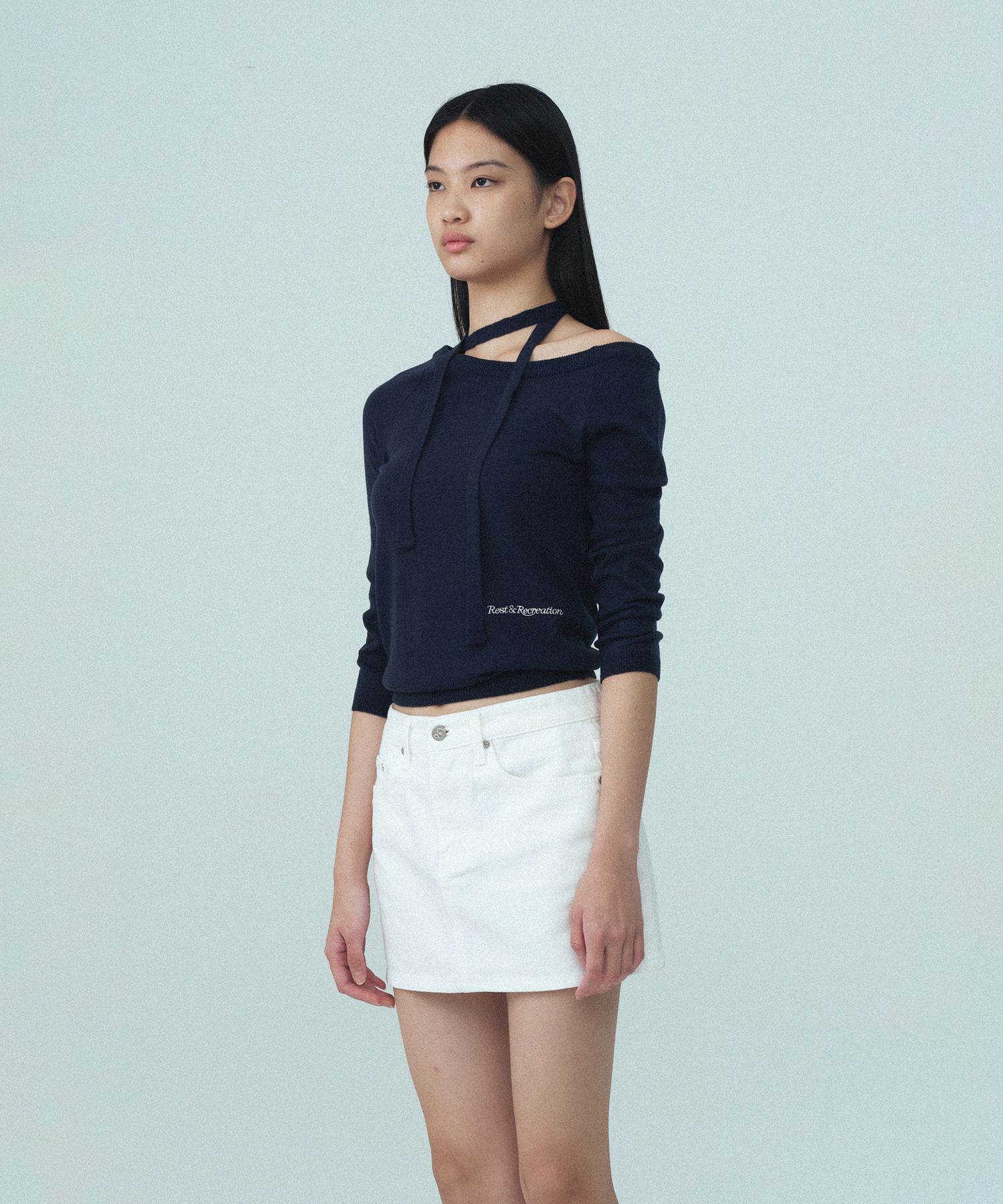 MUSINSA | REST&RECREATION ONE-SHOULDER KNIT TOP - NAVY