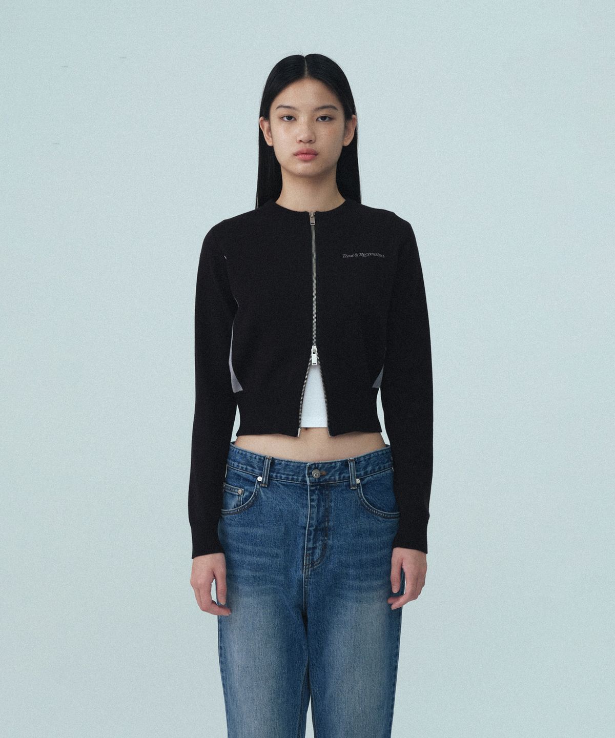 레스트앤레크레이션(REST&RECREATION) ROUND NECK KNIT ZIP-UP - BLACK