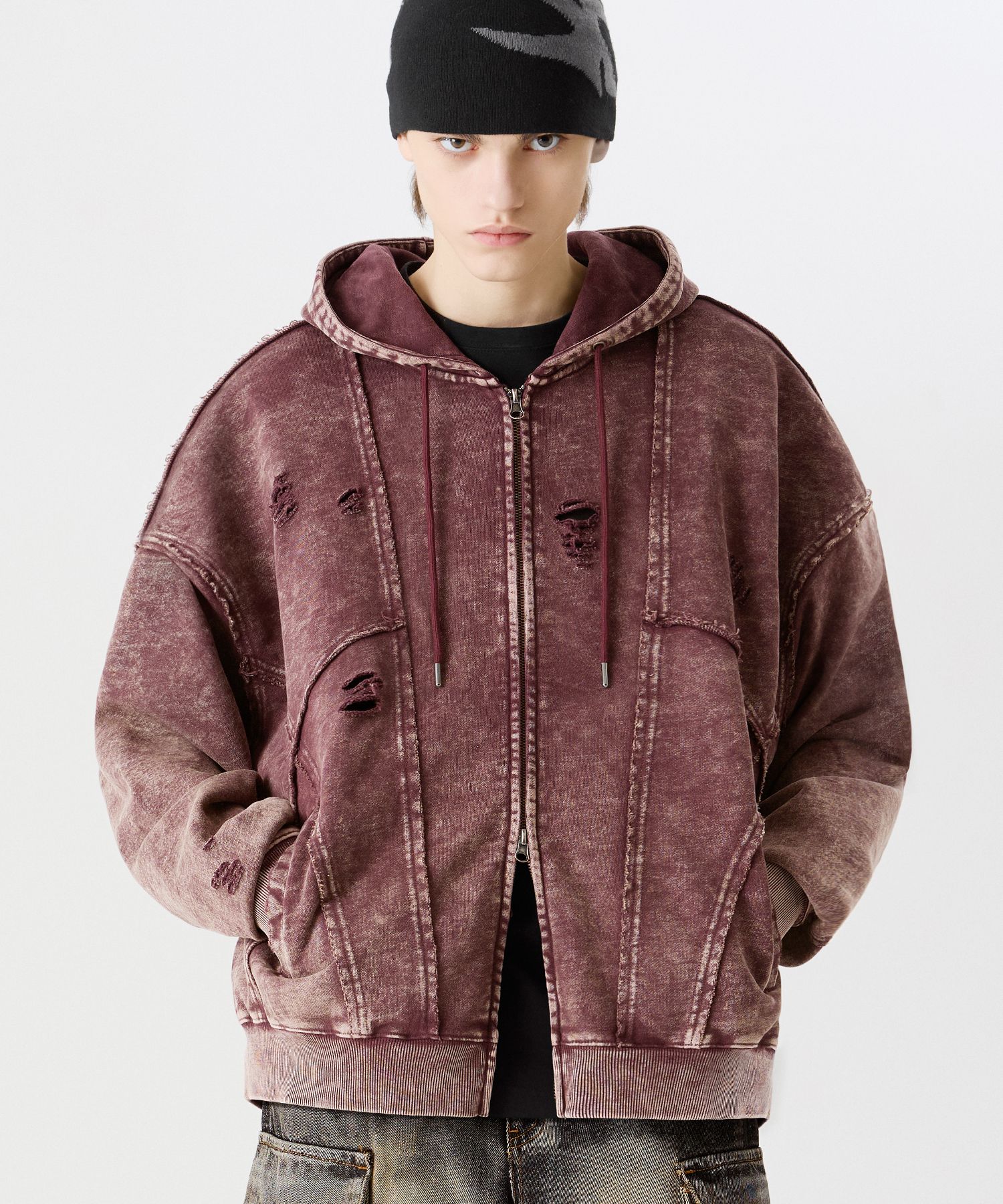 パーカー・フーディ TRILLION Overfit destroyed pigment hood zip up 5JH480 MUSINSA | TRILLION Overfit Destroyed Pigment Hooded Zip-Up [Red]