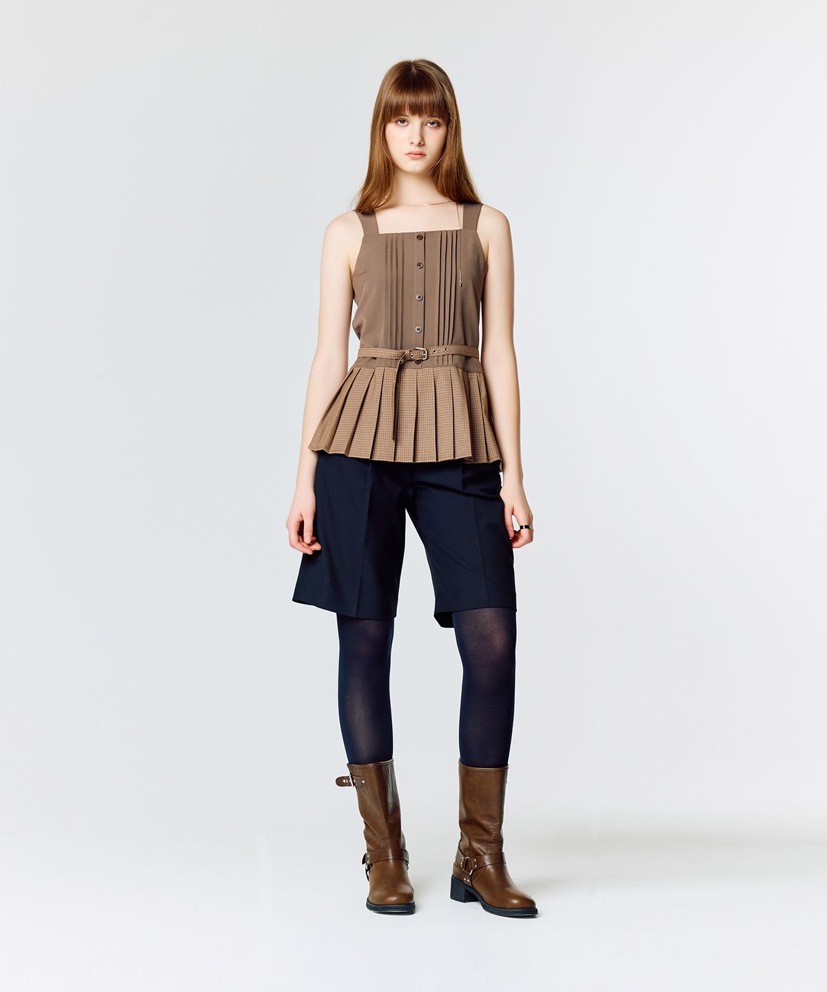 라티젠(LARTIGENT) L15 PLEATS CHECK SLEEVELESS (BROWN)