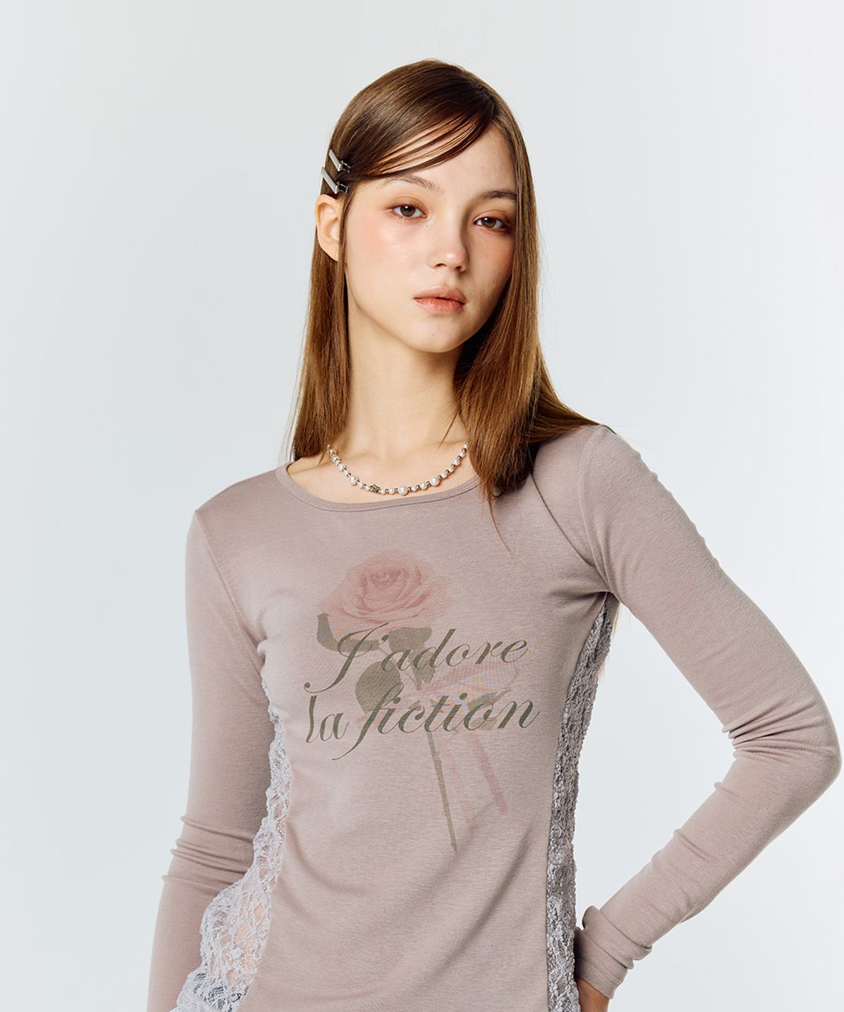 라티젠(LARTIGENT) L15 LACE SLIM T-SHIRT(DARK PINK)