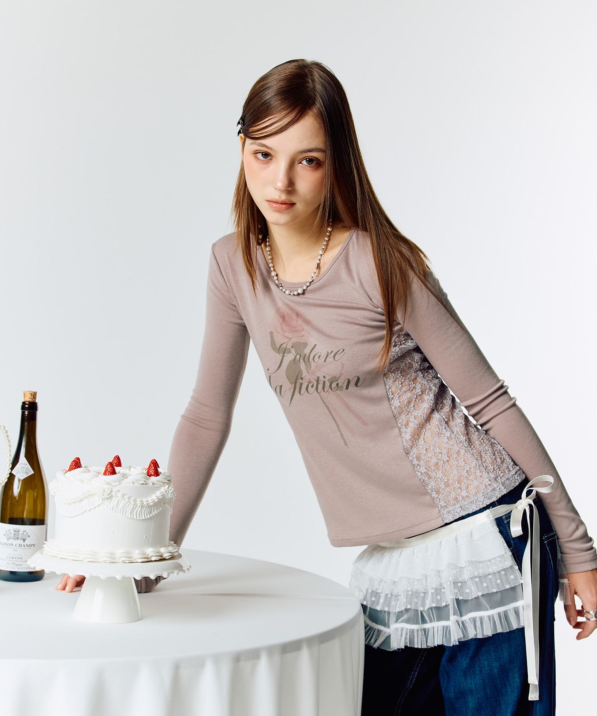 라티젠(LARTIGENT) L15 LACE SLIM T-SHIRT(DARK PINK)