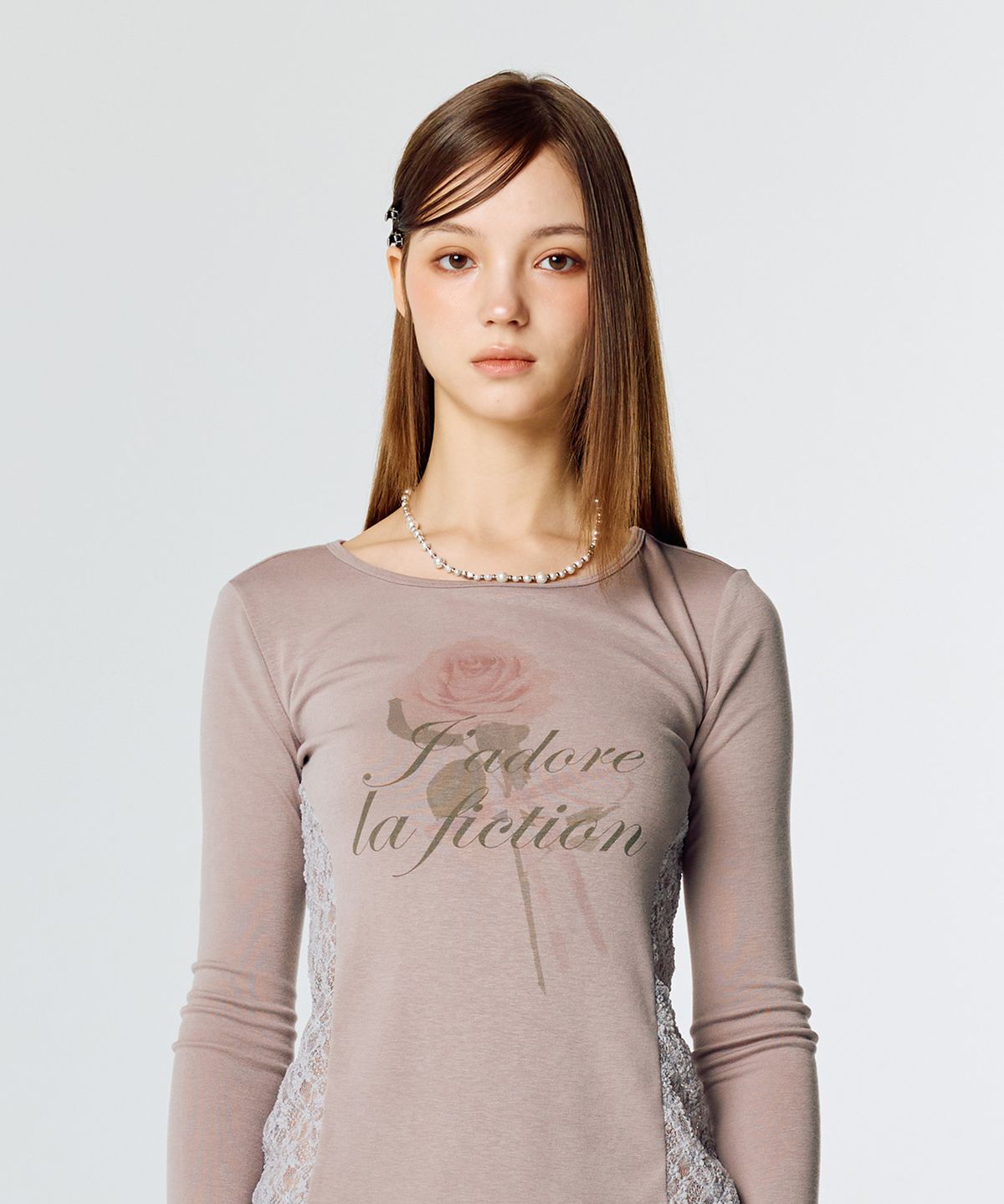 라티젠(LARTIGENT) L15 LACE SLIM T-SHIRT(DARK PINK)