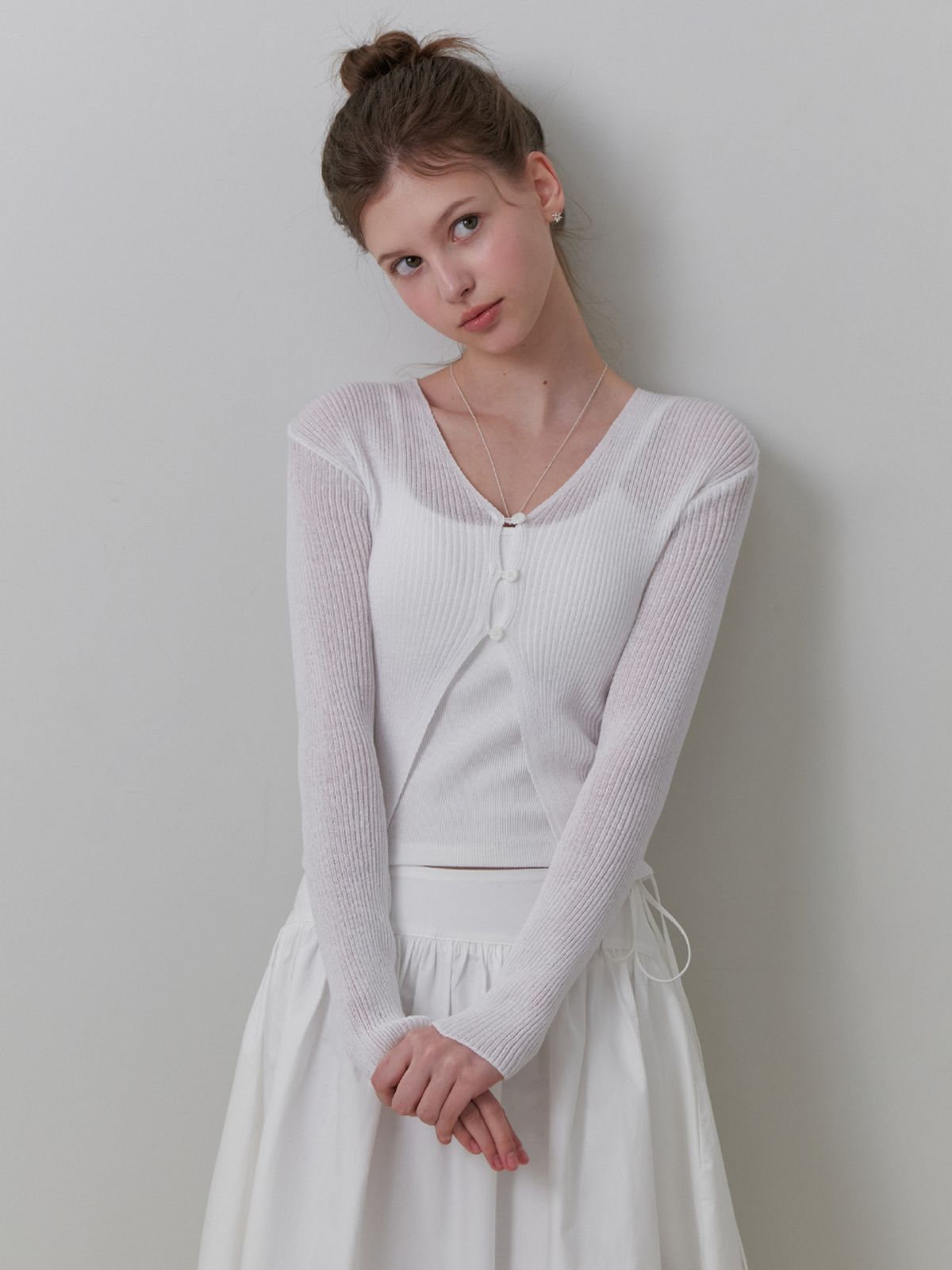 리엘(RE L) [15th] Linen 3 button cardigan (white)