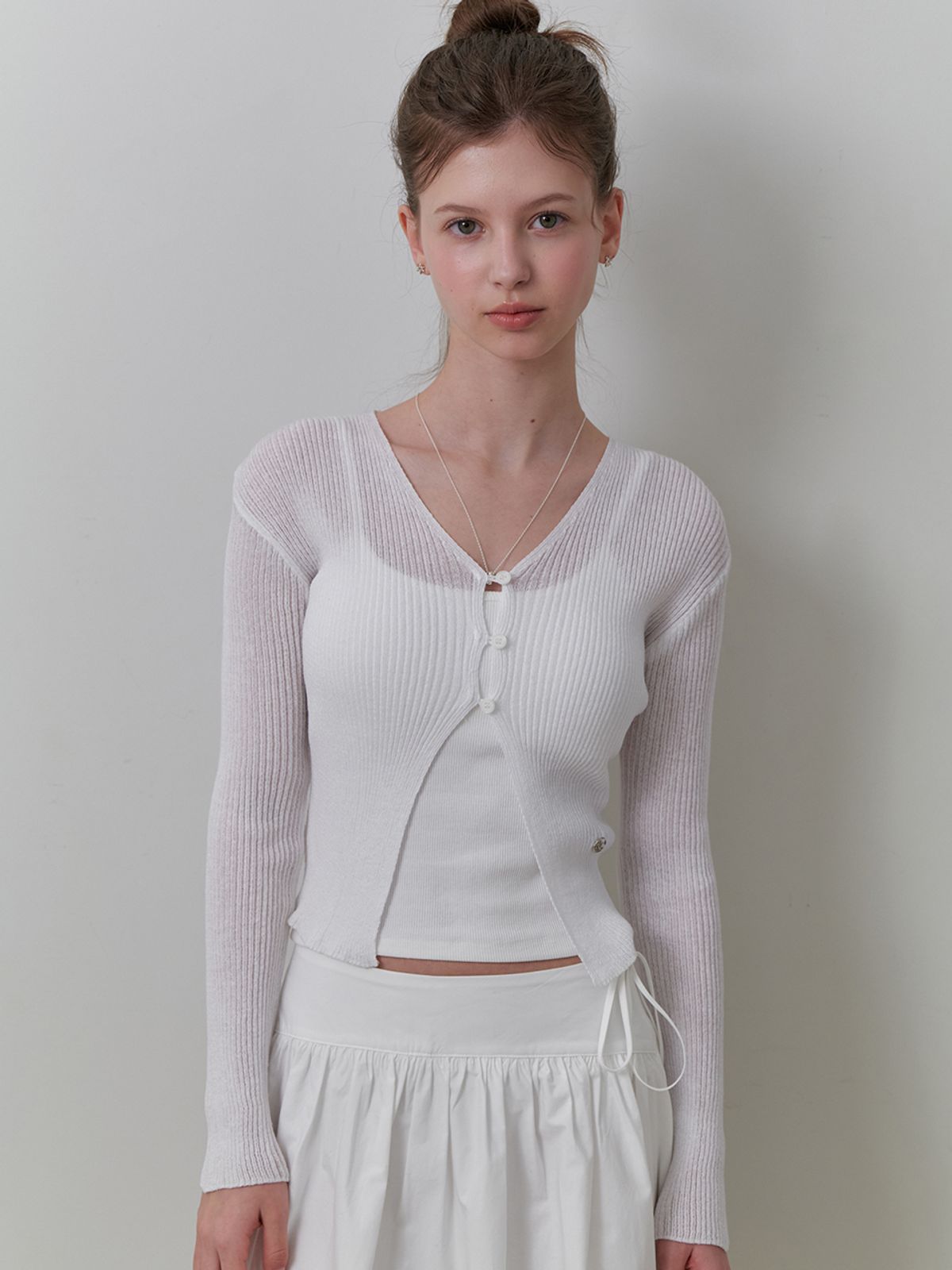 리엘(RE L) [15th] Linen 3 button cardigan (white)
