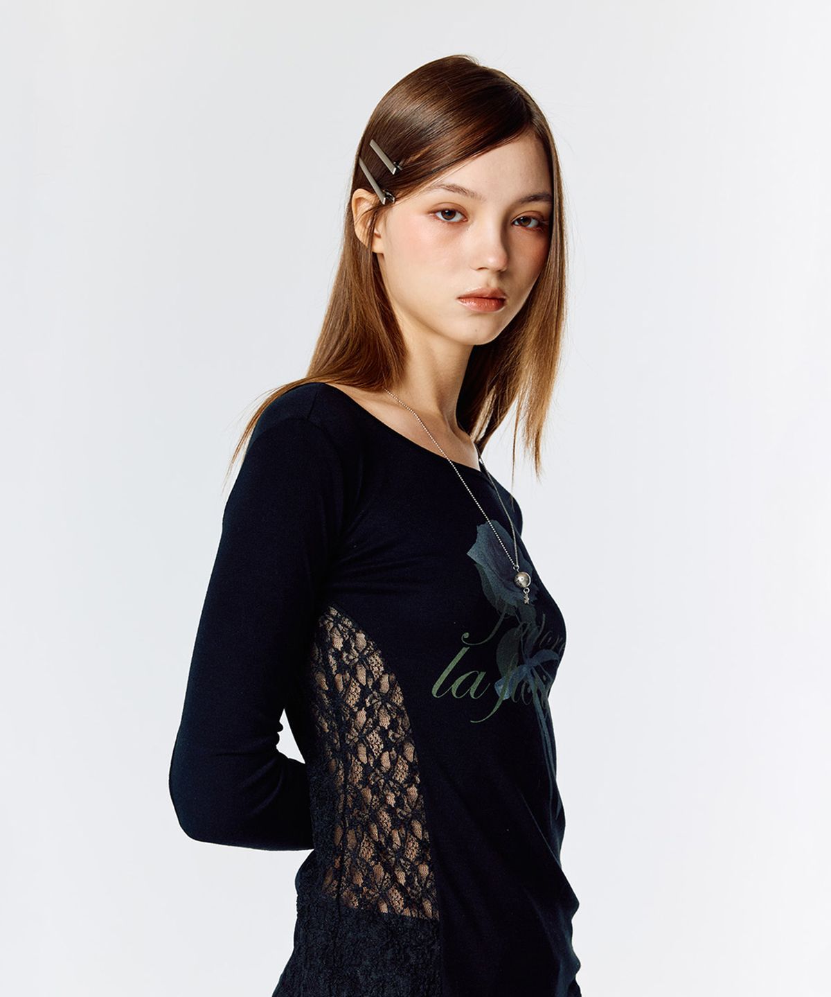 라티젠(LARTIGENT) L15 LACE SLIM T-SHIRT(BLACK)