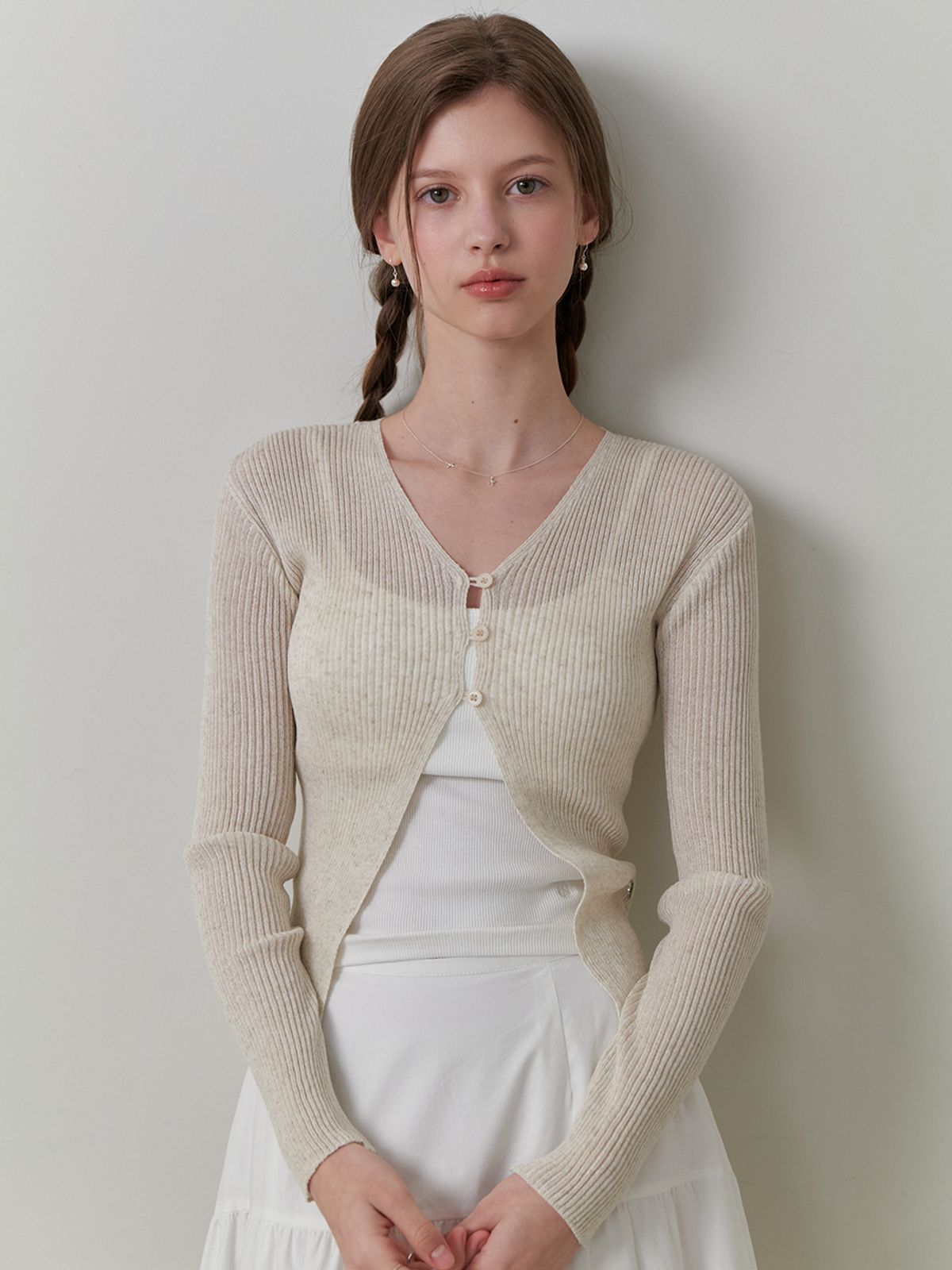 리엘(RE L) [15th] Linen 3 button cardigan (oat beige)