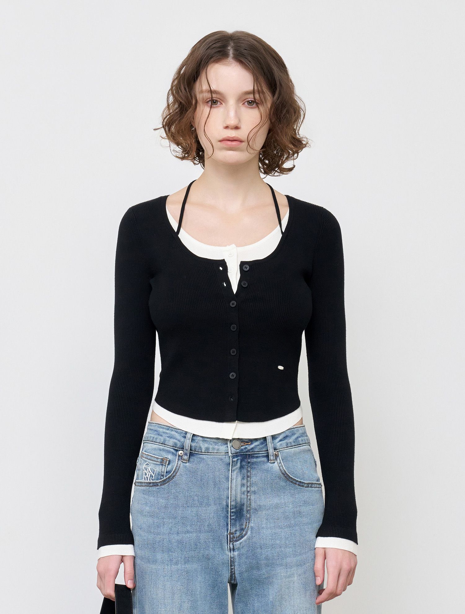 MUSINSA | GENERAL IDEA Strap Layered Cardigan [BLACK
