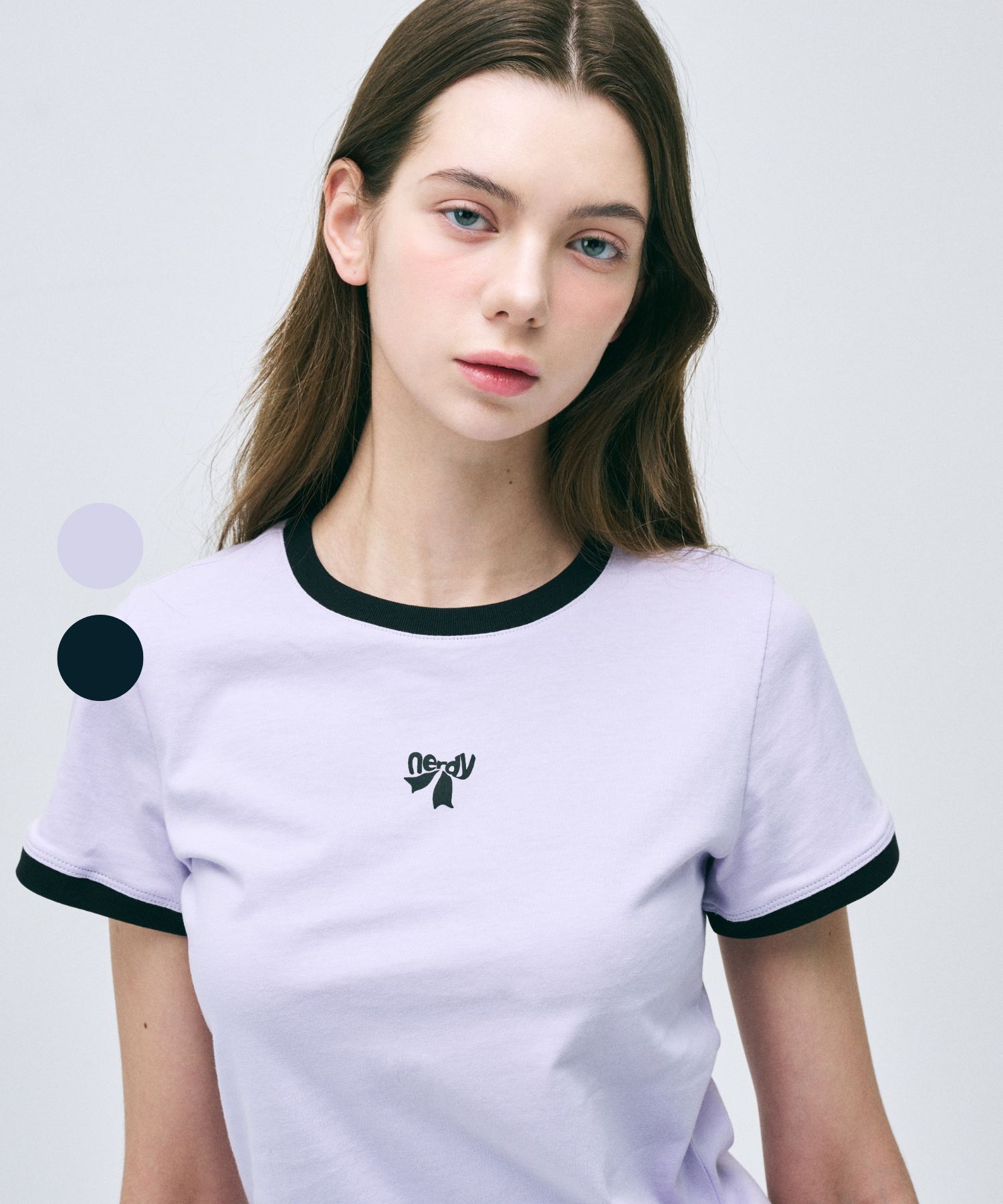★NERDY★人気★Women's Ribbon Logo Ringer Sleeve T-Shirt MUSINSA公式 | NERDY Women's Ribbon Logo Ringer Short Sleeve