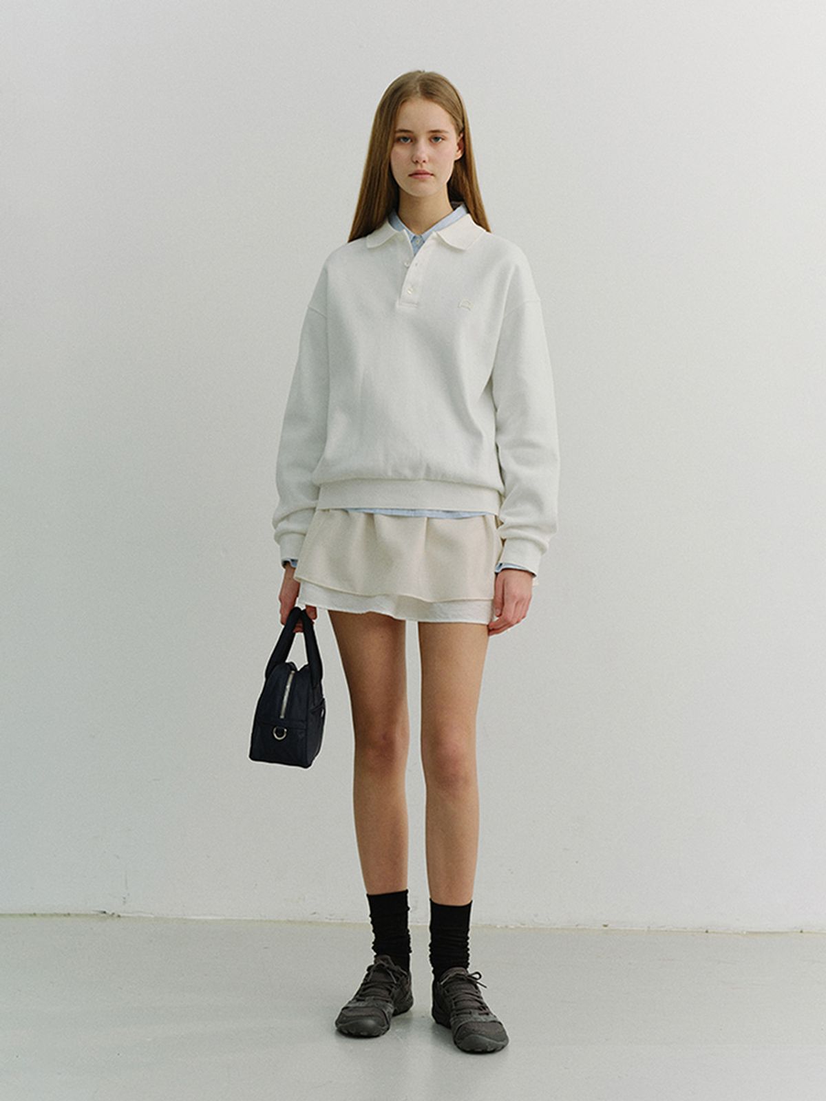 던스트(DUNST) UNISEX LEATHER LOGO COLLARED T-SHIRT_UDTS6A110_WHITE