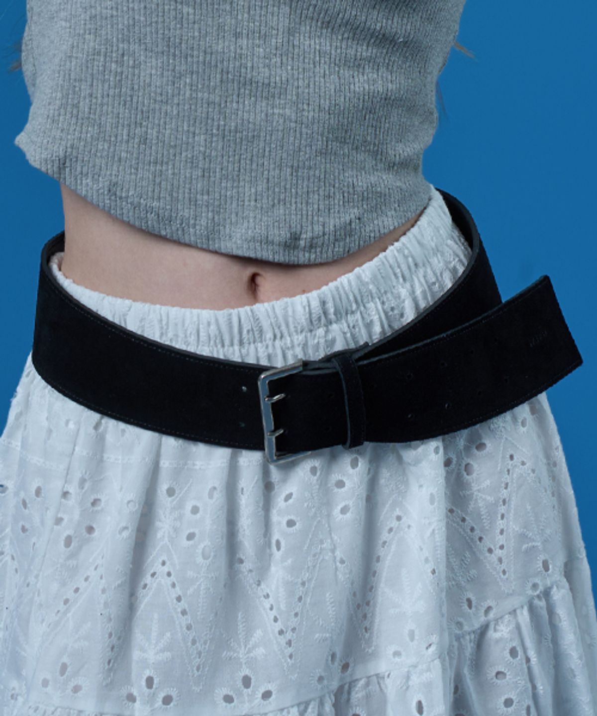 콜릿(KOLEAT) 스웨이드 천연 소가죽 와이드 레이어드 빅버클 벨트 [BLACK]