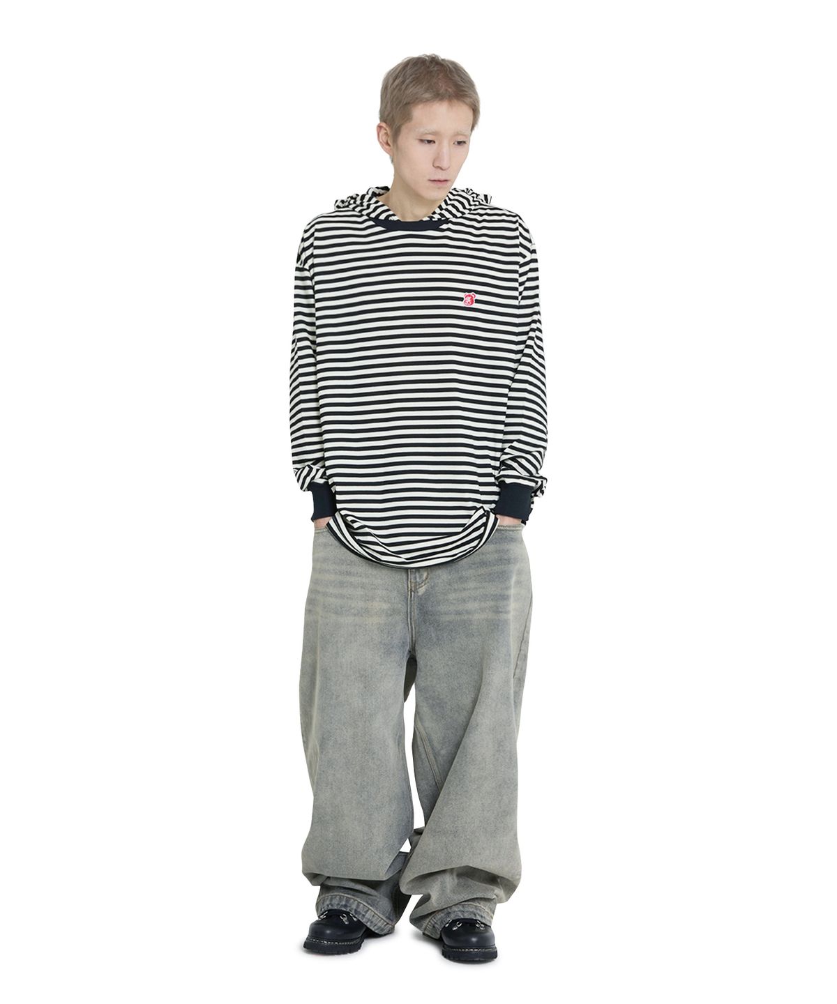 오픈야드(오와이)(OPENYARD(OY)) STRIPE HOODED L/S TEE - BLACK