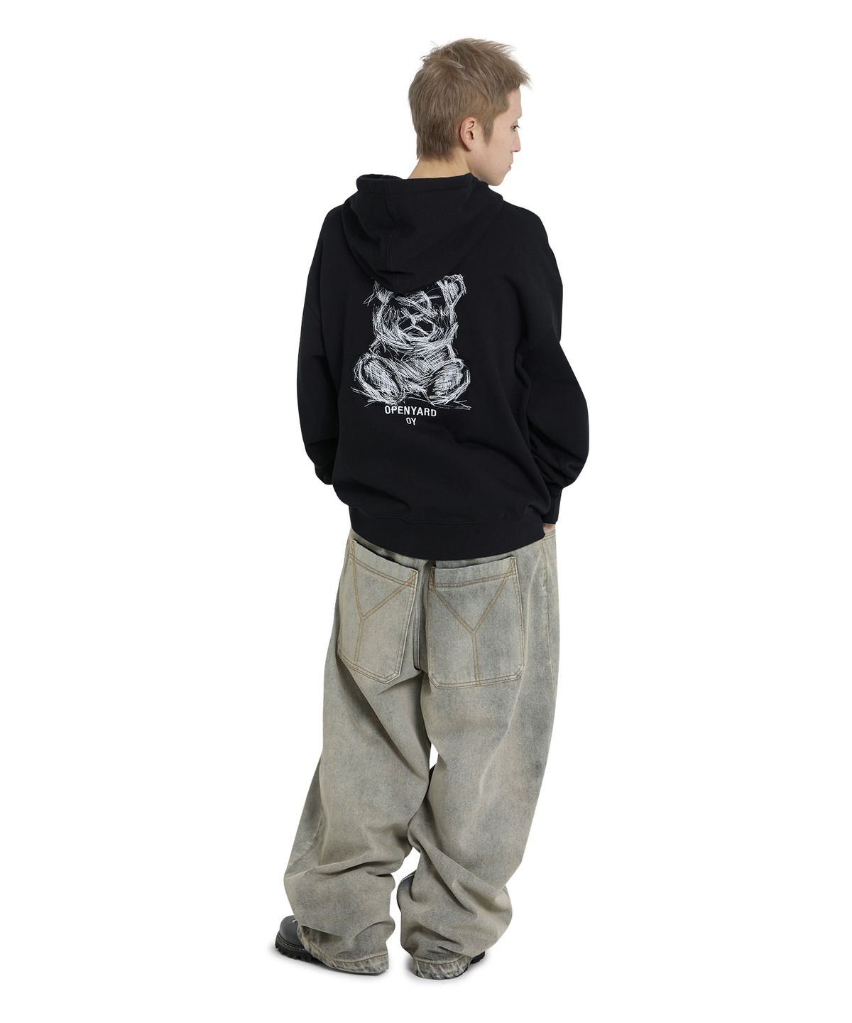 오픈야드(오와이)(OPENYARD(OY)) EMBROIDERED SKETCH DOLLY HOODIE ZIP UP - BLACK