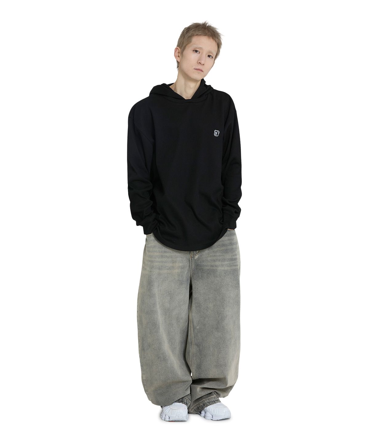 오픈야드(오와이)(OPENYARD(OY)) WAFFLE HOODIE L/S TOP - BLACK