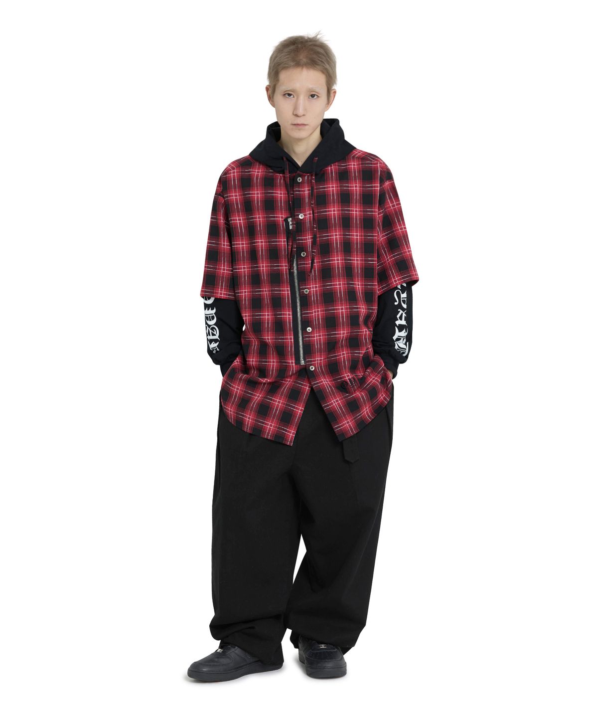 오픈야드(오와이)(OPENYARD(OY)) LAYERED CHECK ZIP HOODIE SHIRT - RED