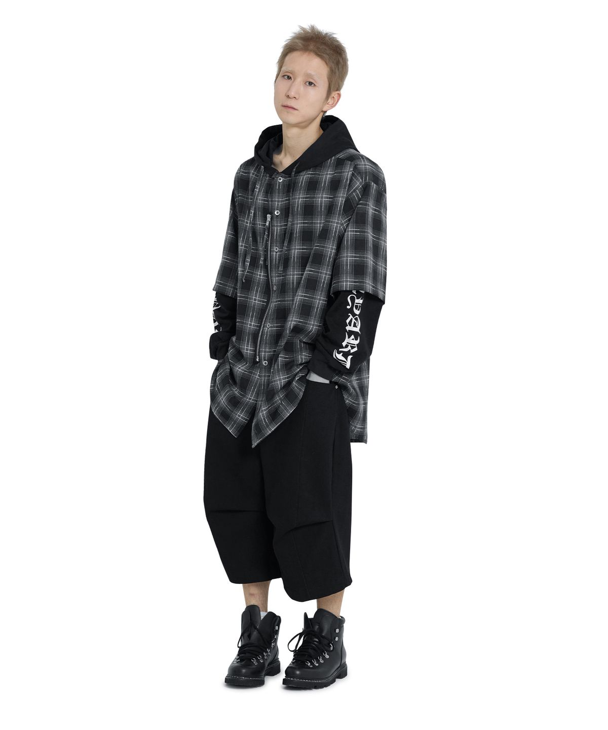 오픈야드(오와이)(OPENYARD(OY)) LAYERED CHECK ZIP HOODIE SHIRT - BLACK