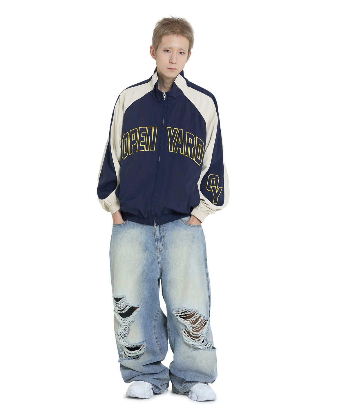 오픈야드(오와이)(OPENYARD(OY)) EMBROIDERED LOGO NYLON TRACK TOP - NAVY