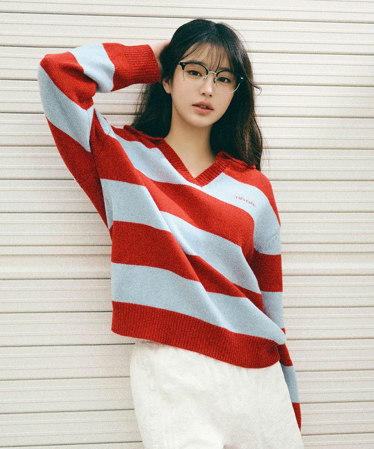 로라로라(ROLAROLA) WOOL BLENDED COLLAR STRIPE BOARDER KNIT RD+BL