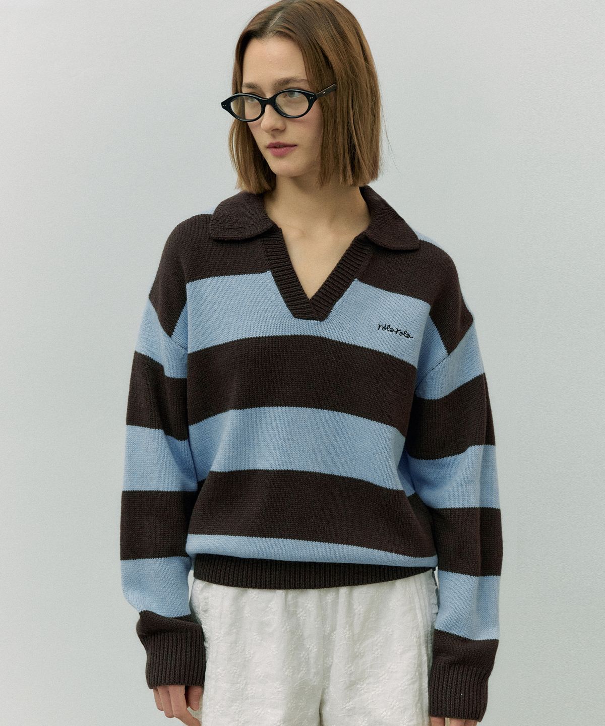 로라로라(ROLAROLA) WOOL BLENDED COLLAR STRIPE BOARDER KNIT BR+BL