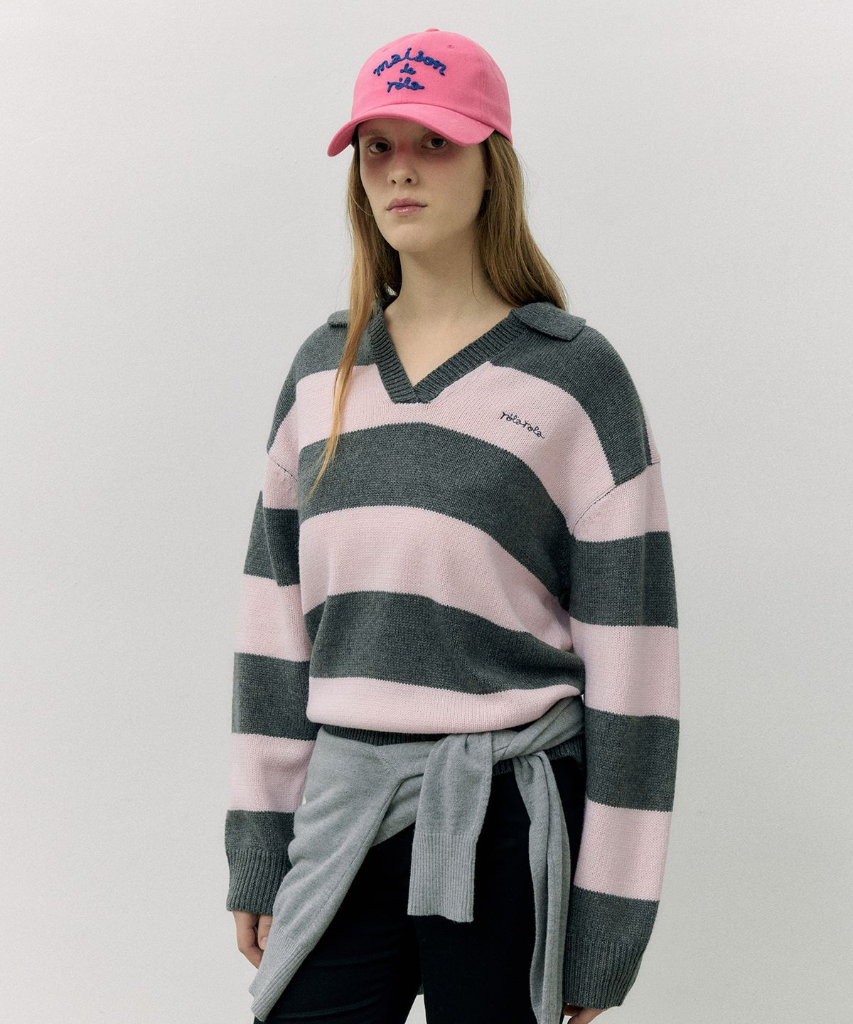 로라로라(ROLAROLA) WOOL BLENDED COLLAR STRIPE BOARDER KNIT GY+PK