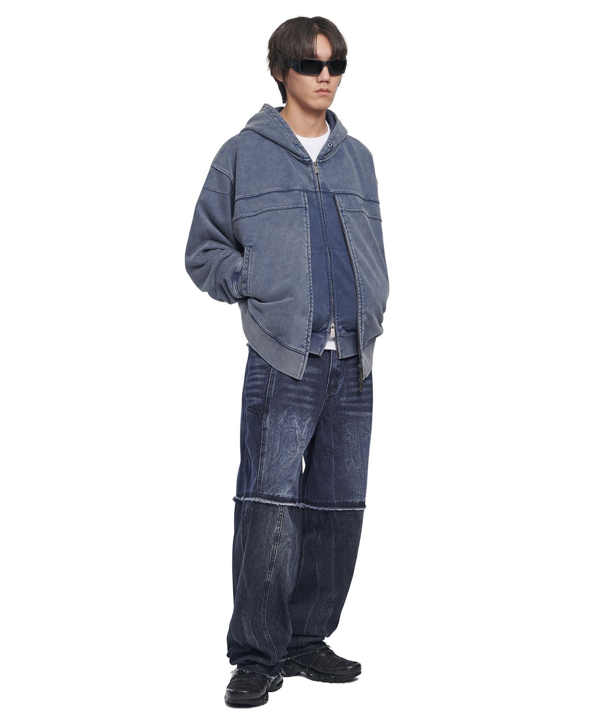 노매뉴얼(NOMANUAL) HALF & HALF DENIM PANTS - WASHED NAVY
