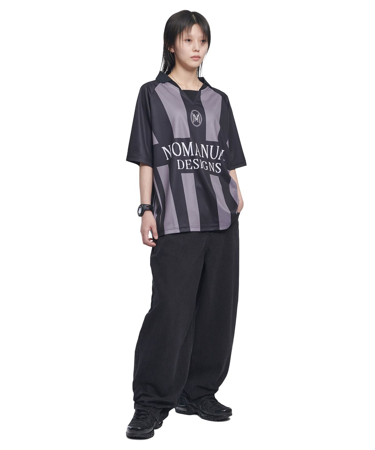 노매뉴얼(NOMANUAL) STRIPE FOOTBALL SHIRT - GRAY