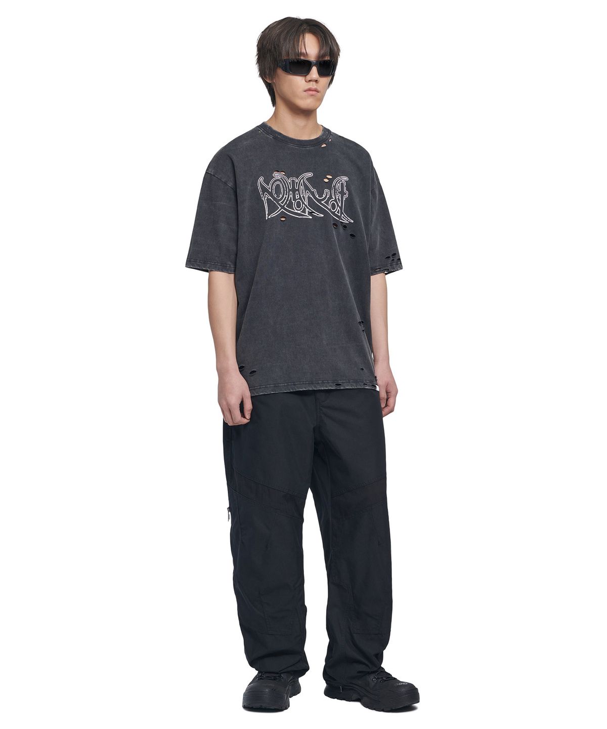 노매뉴얼(NOMANUAL) ECDYSIS DAMAGED T-SHIRT - WASHED BLACK