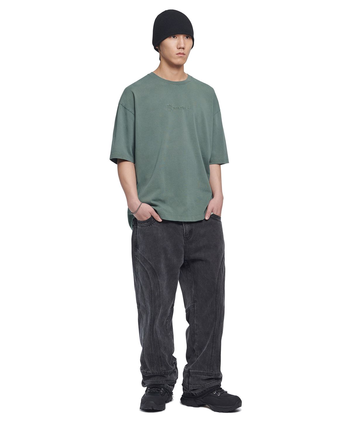 노매뉴얼(NOMANUAL) EMBROIDERED LOGO T-SHIRT - HUNTER GREEN