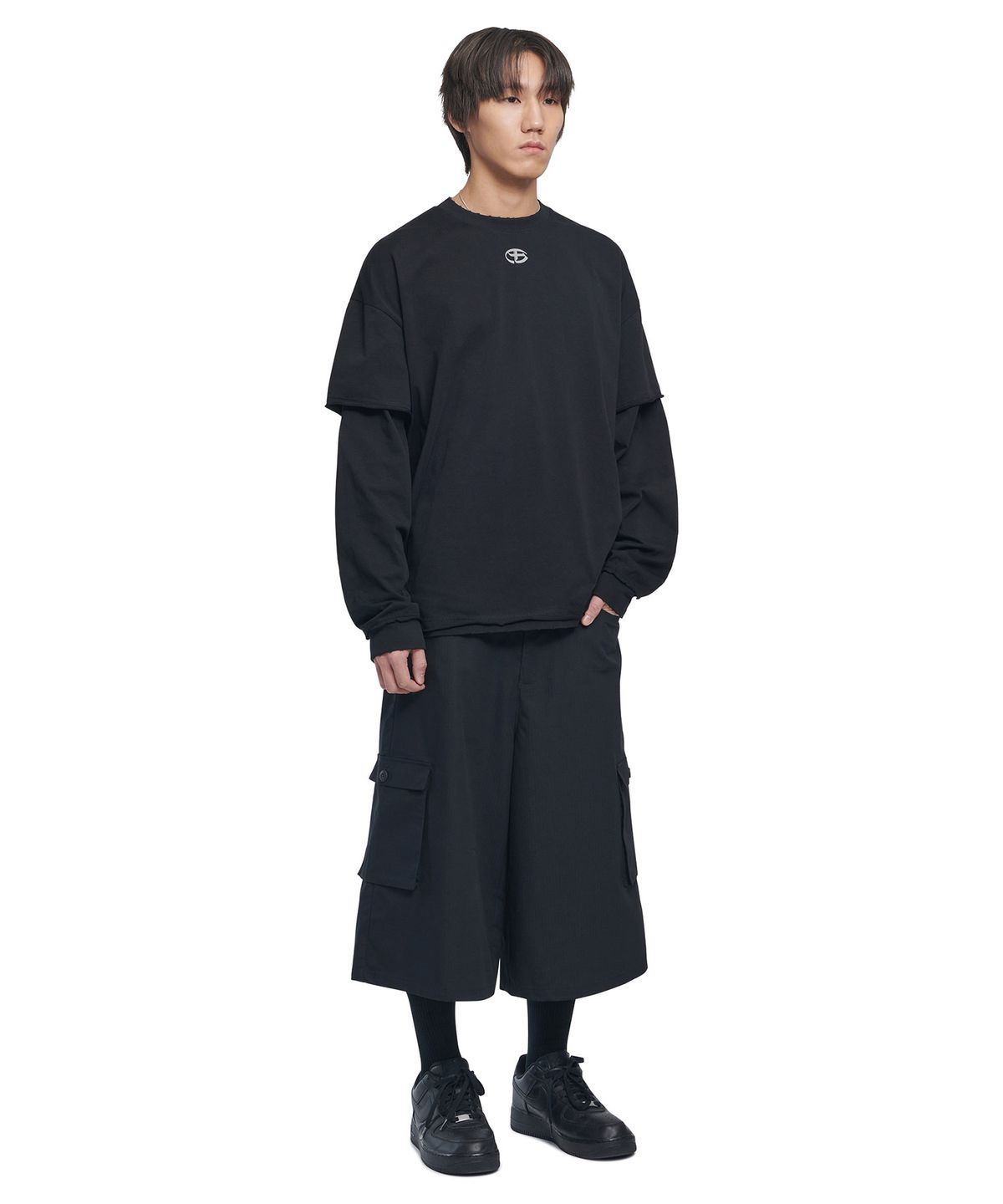 노매뉴얼(NOMANUAL) ABRASION LAYERED LONG SLEEVE TEE - BLACK