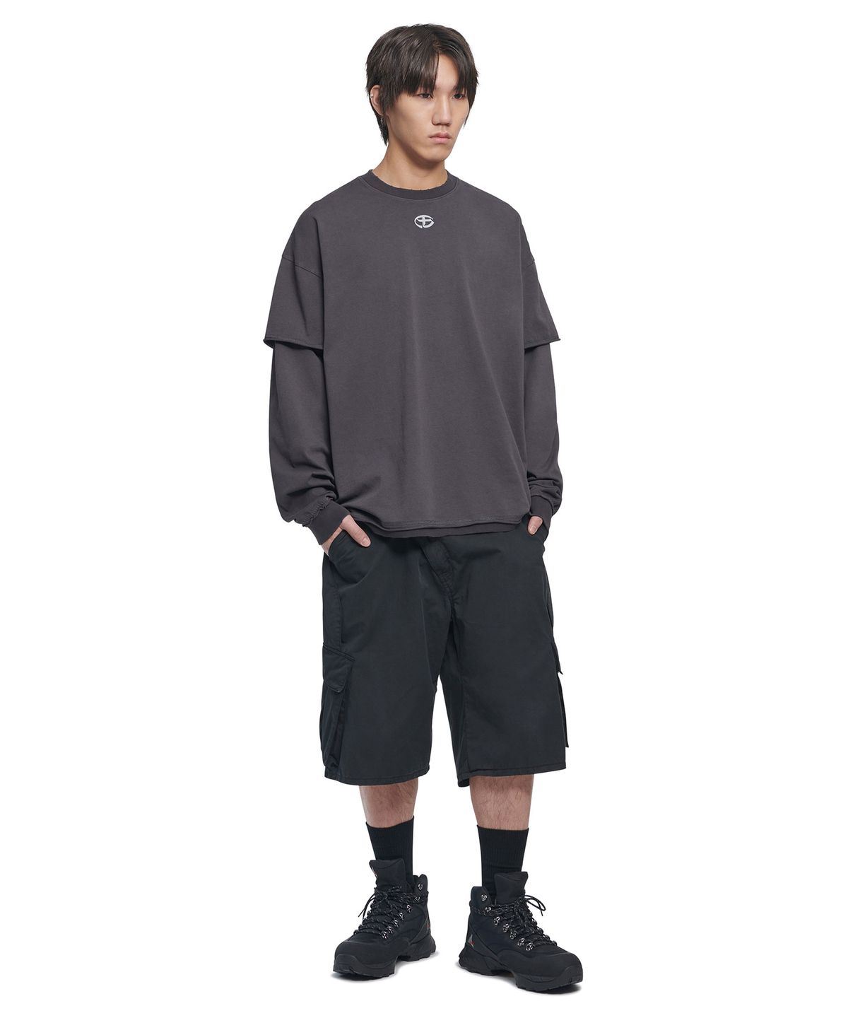 노매뉴얼(NOMANUAL) ABRASION LAYERED LONG SLEEVE TEE - WASHED CHARCOAL