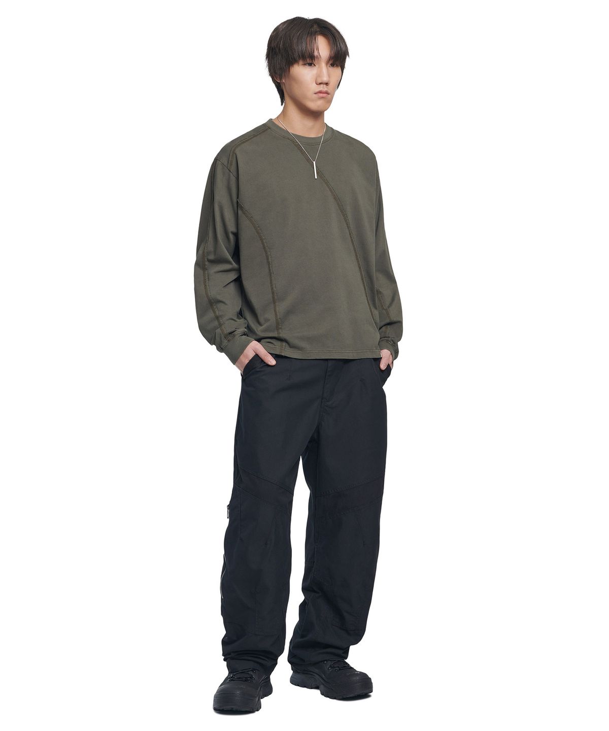 노매뉴얼(NOMANUAL) OVERDYED CUTTING LONG SLEEVE TEE - DEEP KHAKI