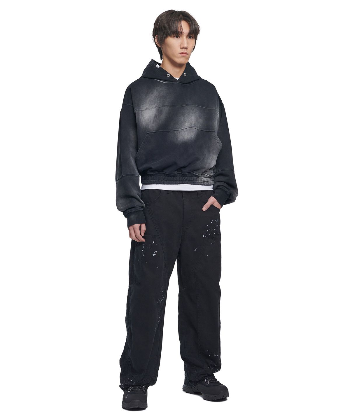 노매뉴얼(NOMANUAL) STAIN WASHED HOODIE - WASHED BLACK