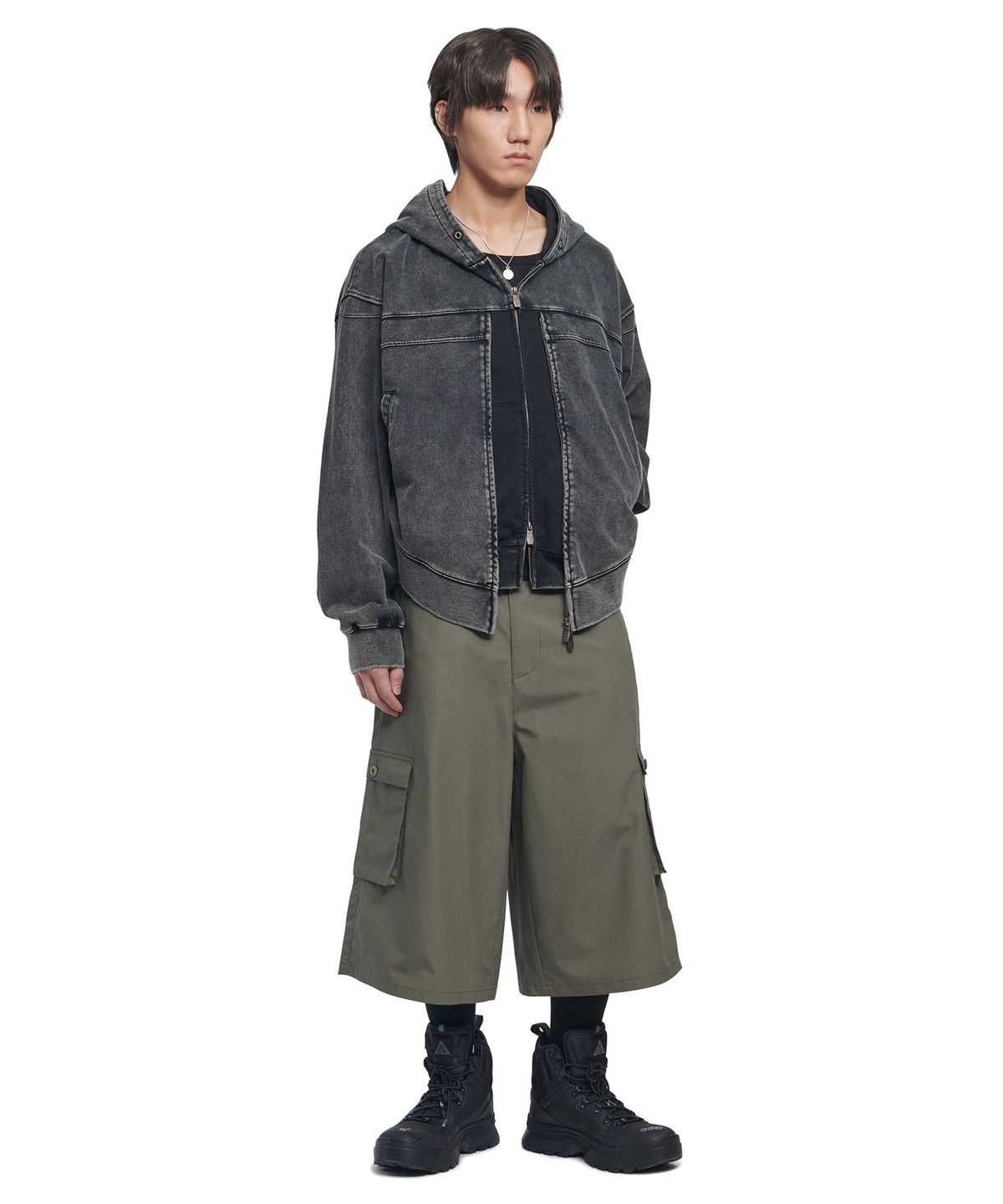 노매뉴얼(NOMANUAL) VINTAGE LAYER HOODED ZIP-UP - WASHED BLACK