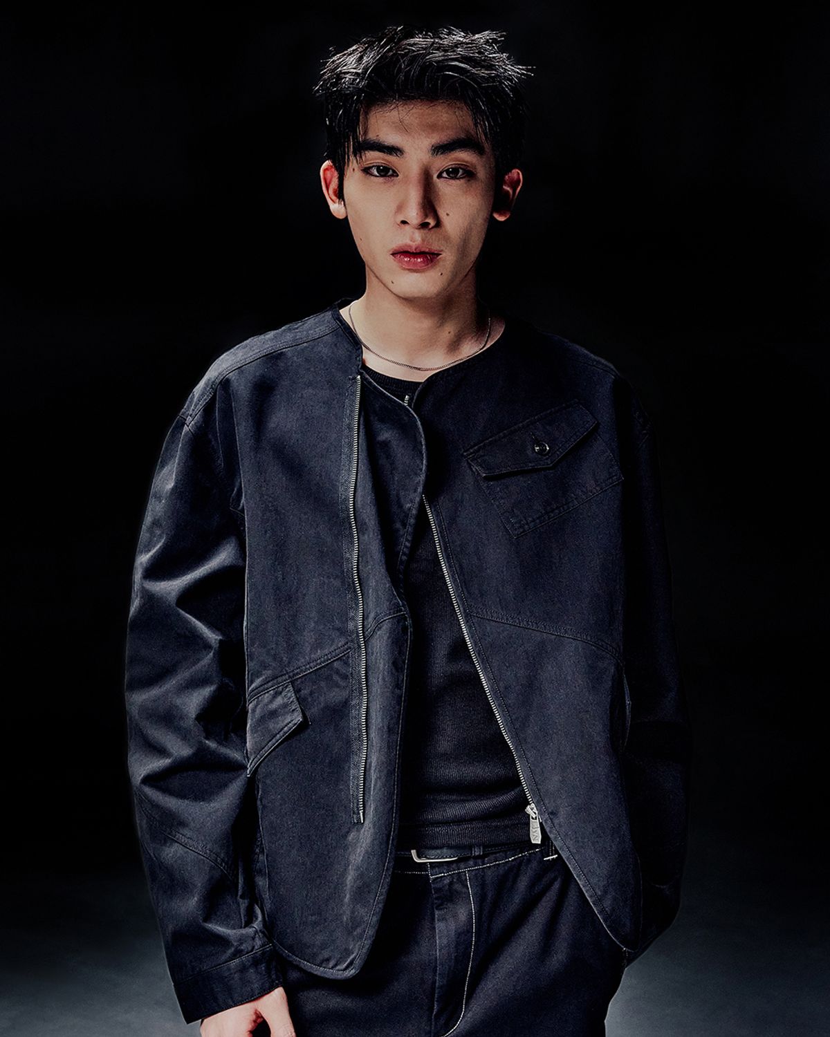 노매뉴얼(NOMANUAL) COLLARLESS JACKET - WASHED BLACK