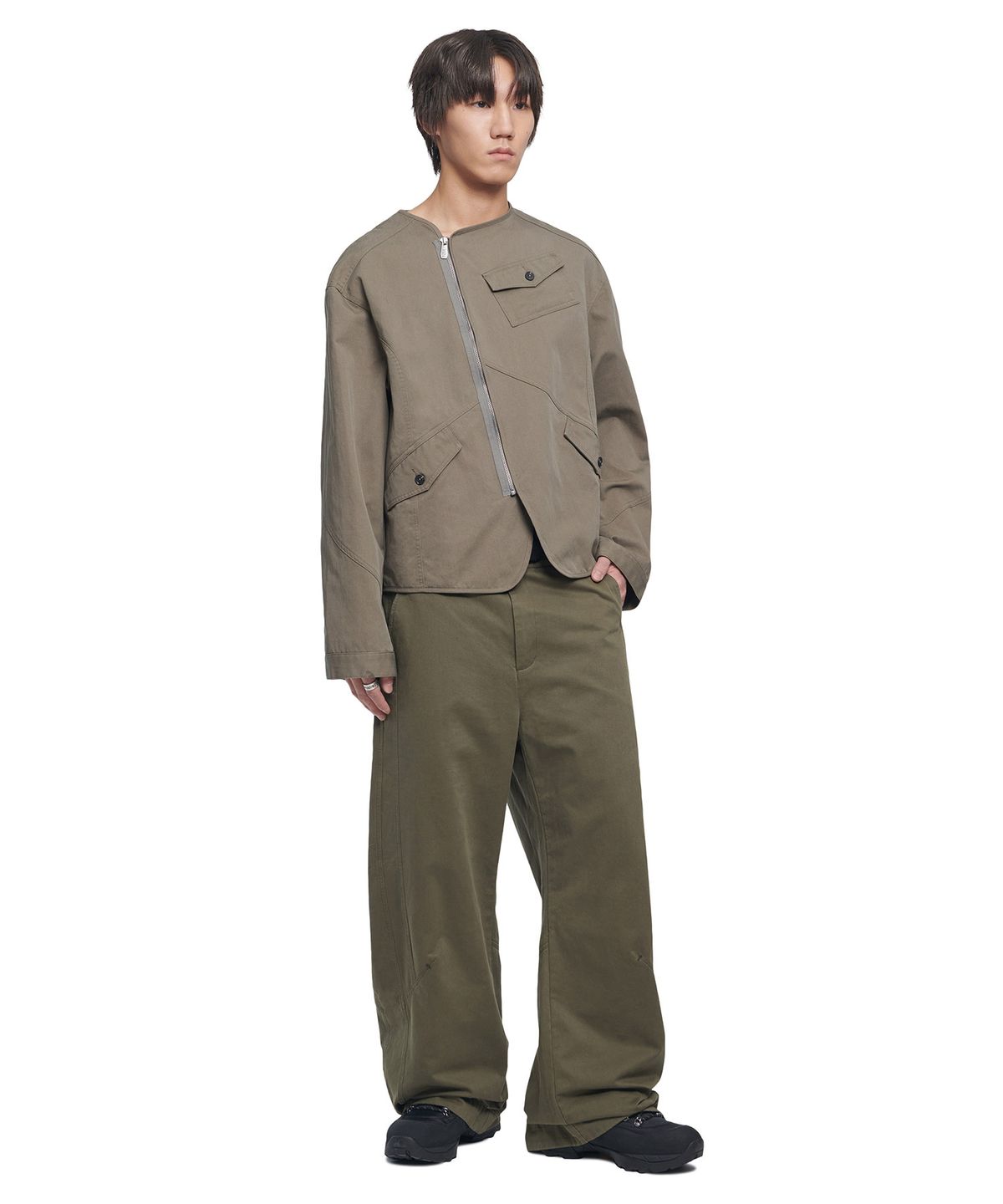 노매뉴얼(NOMANUAL) COLLARLESS JACKET - WASHED KHAKI