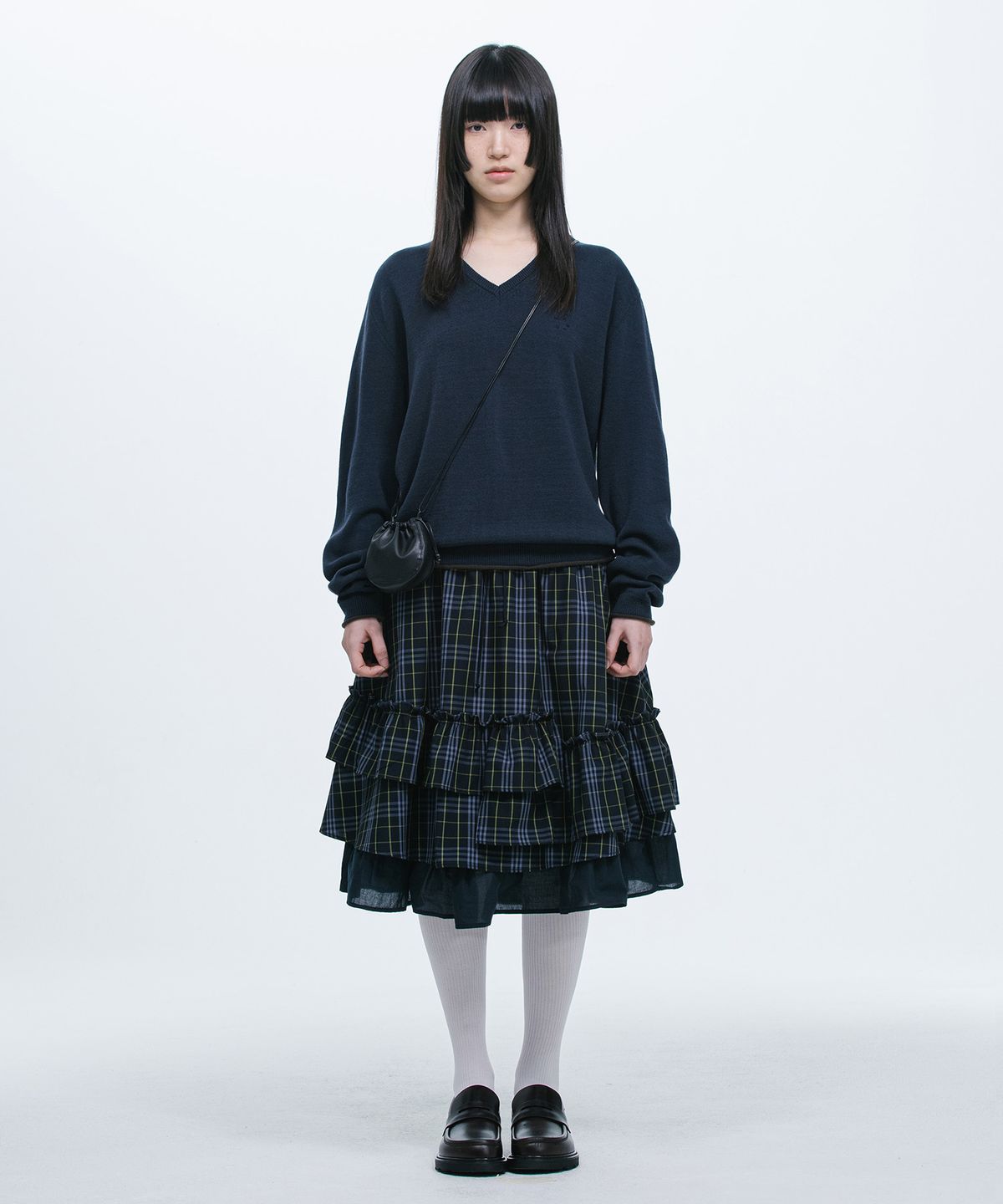오헤시오(OHESHIO) CHECK FRILL MIDI SKIRT, NAVY