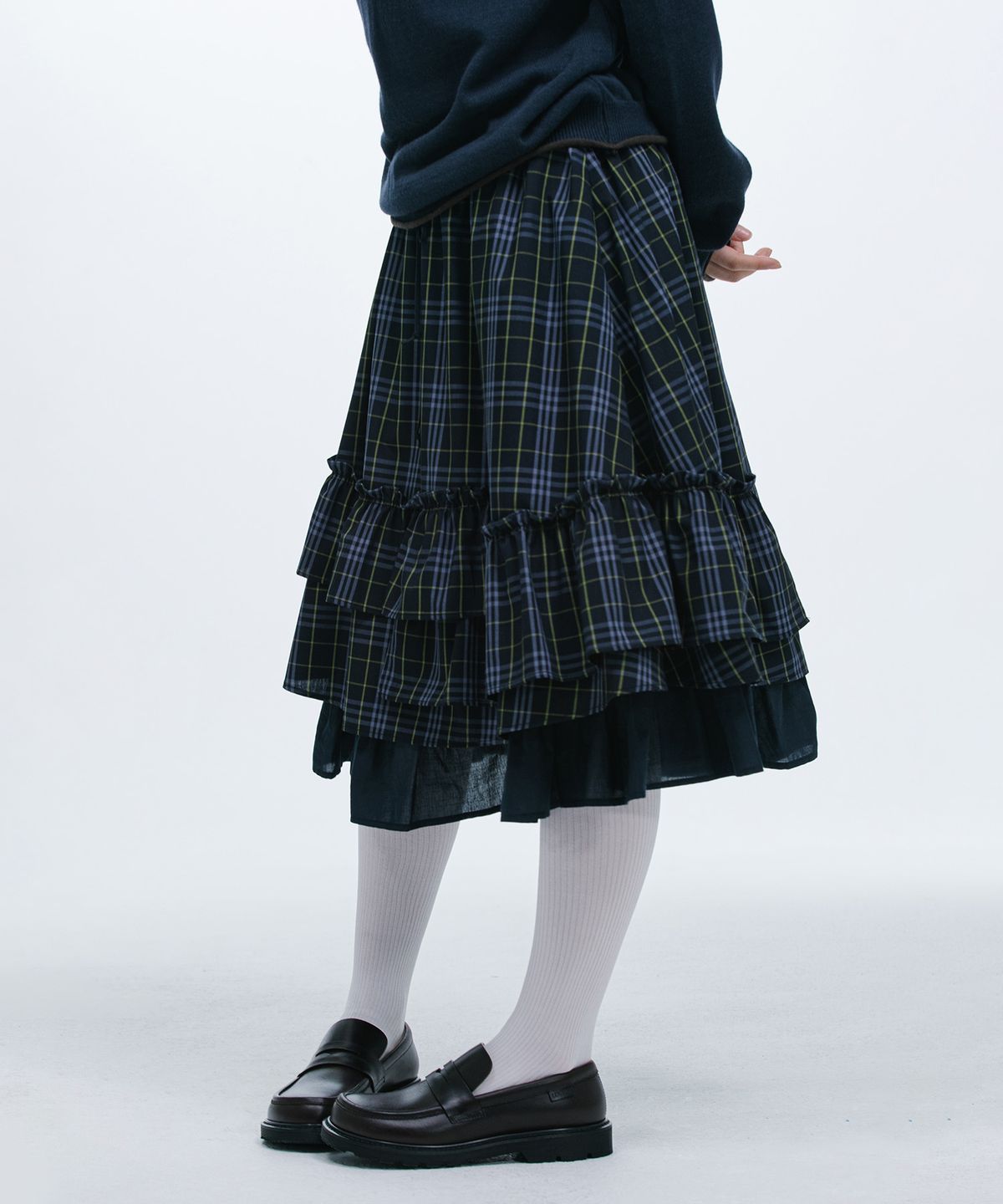오헤시오(OHESHIO) CHECK FRILL MIDI SKIRT, NAVY