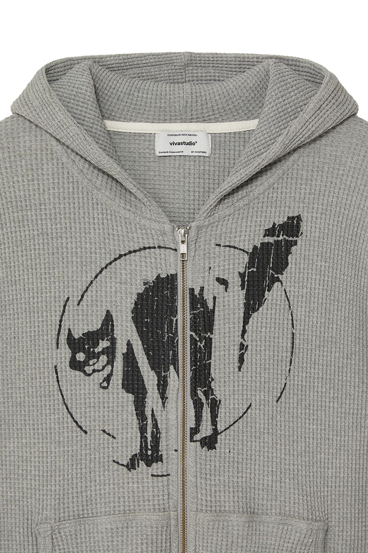 비바스튜디오(VIVASTUDIO) BLACK CAT WAFFLE ZIP-UP HOODIE [MELANGE GRAY]