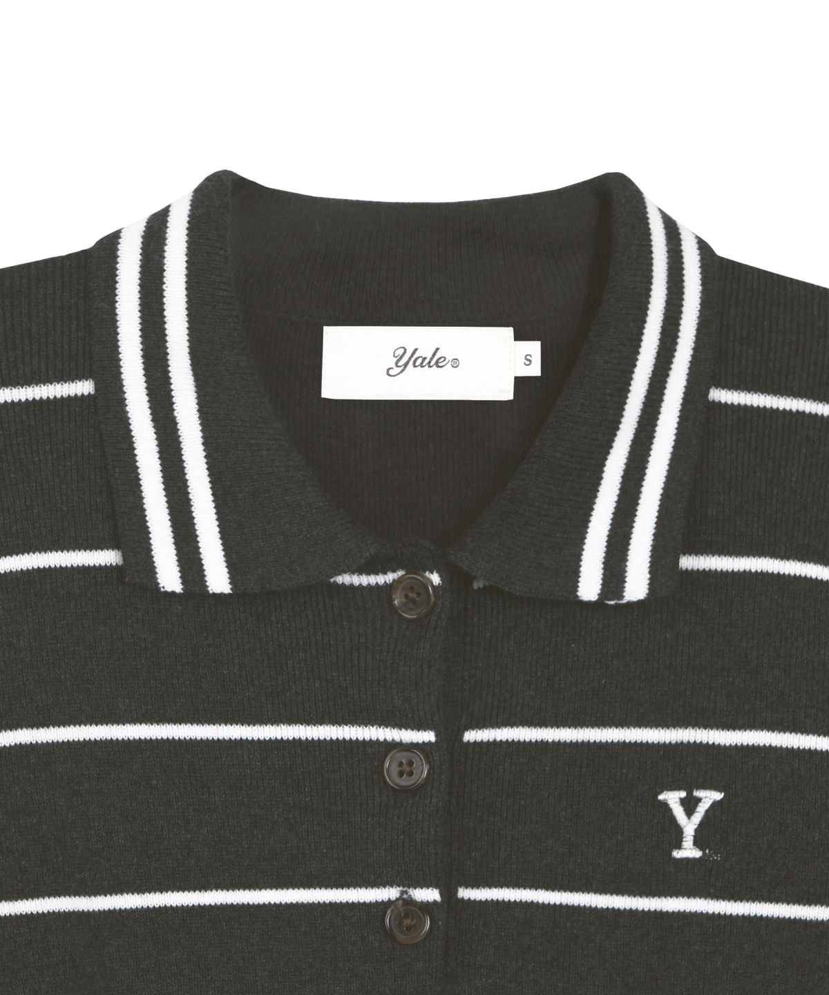 예일(YALE) 우먼즈 Y로고 스트라이프 폴로 니트_차콜