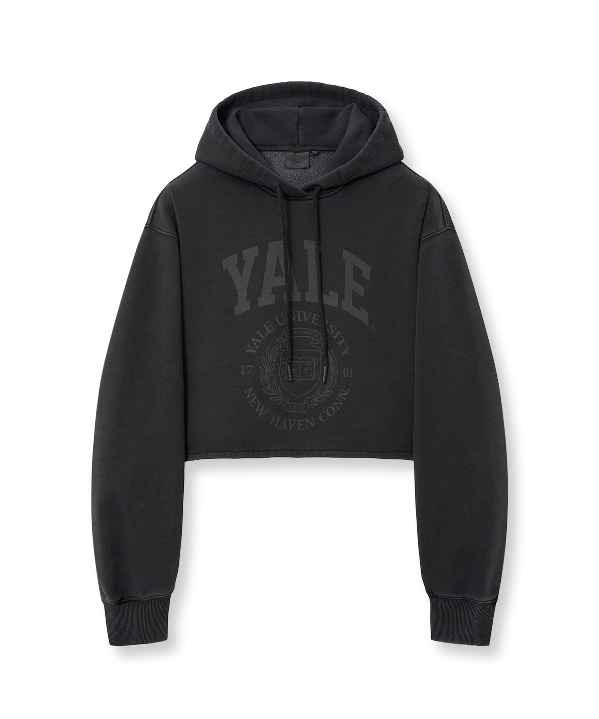 예일(YALE) 우먼즈 아치로고 피그먼트 크롭 후드_차콜