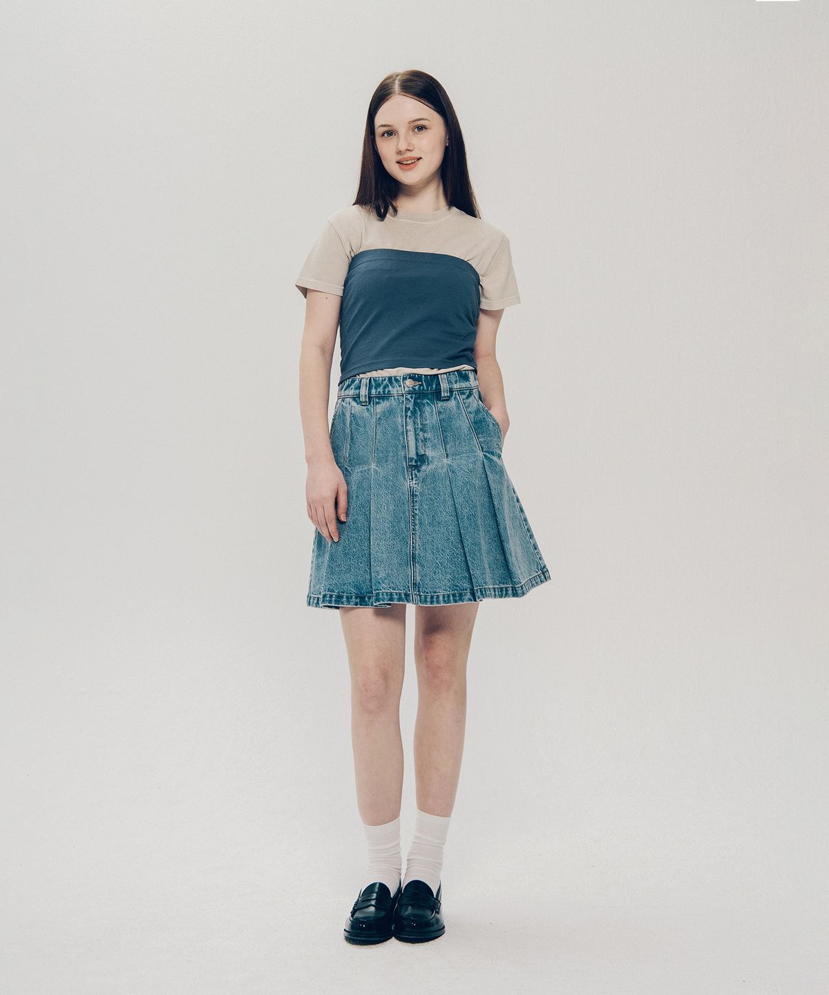 예일(YALE) 데님 플리츠스커트_라이트 블루