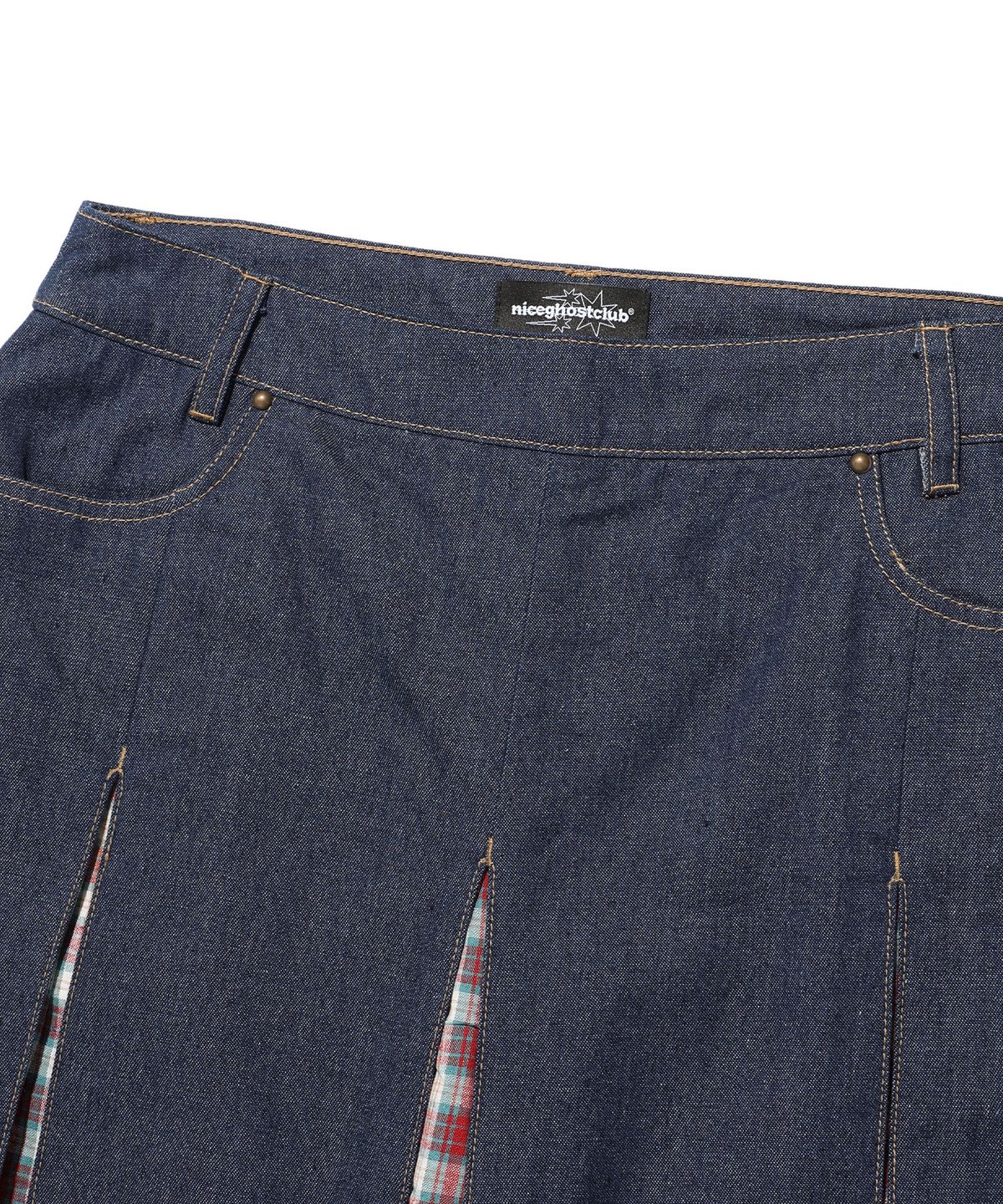 나이스고스트클럽(NICEGHOSTCLUB) DENIM PLEATS PANEL LAYERED SKIRT PANTS_INDIGO(NG2FSUD103A)