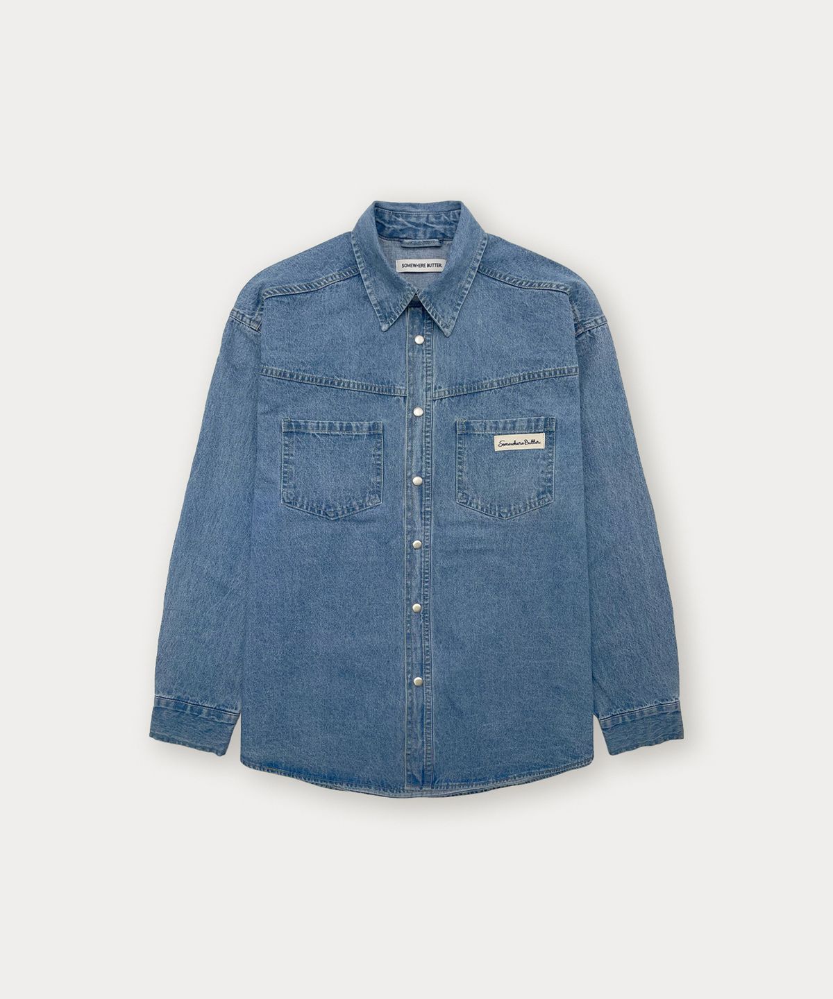 썸웨어버터(SOMEWHEREBUTTER) Western Denim Over-Fit Shirt - Middle Blue