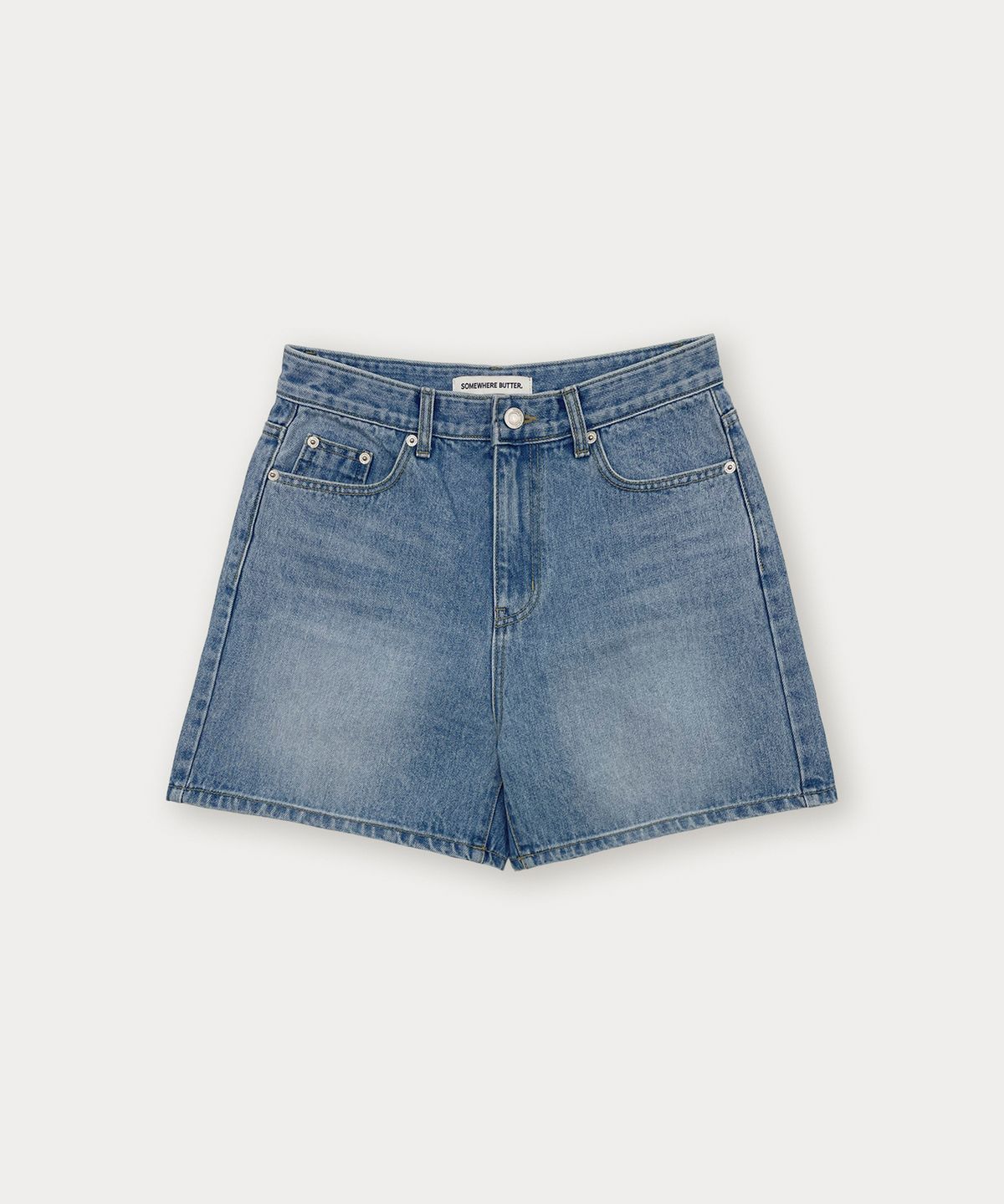 썸웨어버터(SOMEWHEREBUTTER) Washing Half Denim Pants - Middle Blue