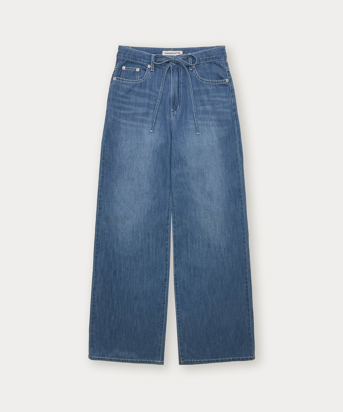 썸웨어버터(SOMEWHEREBUTTER) Ribbon Wide Denim Pants - Middle Blue
